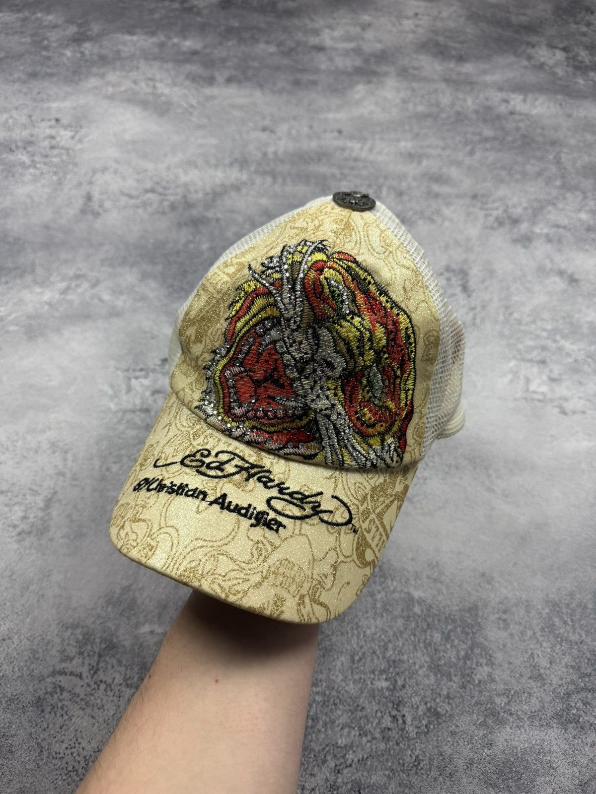 Vintage Don Ed Hardy White Trucker Hat Koi Fish Embroidered Rhinestone Snapback Unisex Embroidered 1971 Koi Fish 5 Panel Trucker Cap - Black  main image 3