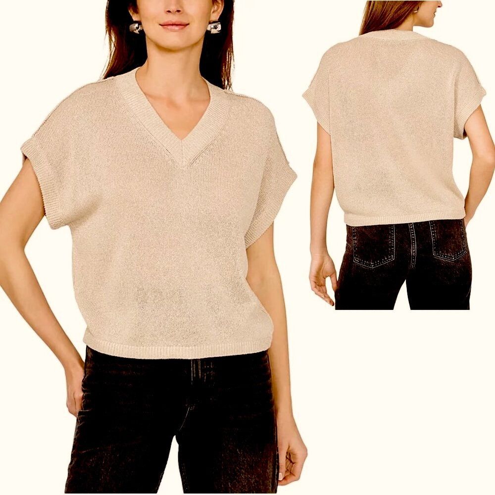 Vince Camuto NWT New $79 Vince Camuto Metallic V-Neck Pale Sand Silver S Size XL / US 12-14 / IT 48-50 - 1 Thumbnail