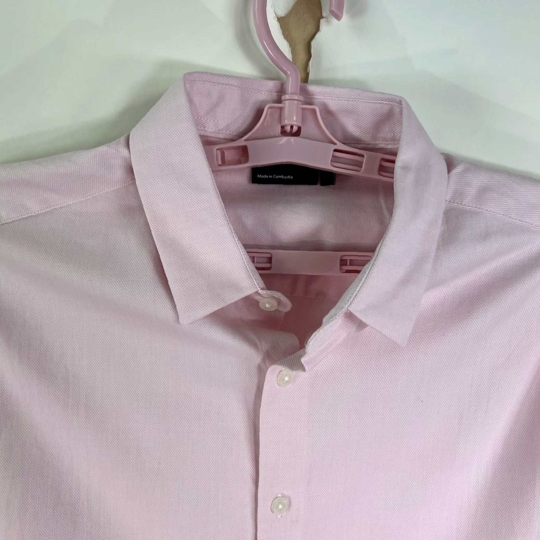 Asos ASOS Design Dress Button-Up Shirt Mens L Pink Cotton Blend Herringbone Knot Buttons 90s Style Mens Size 42R - 2 Thumbnail