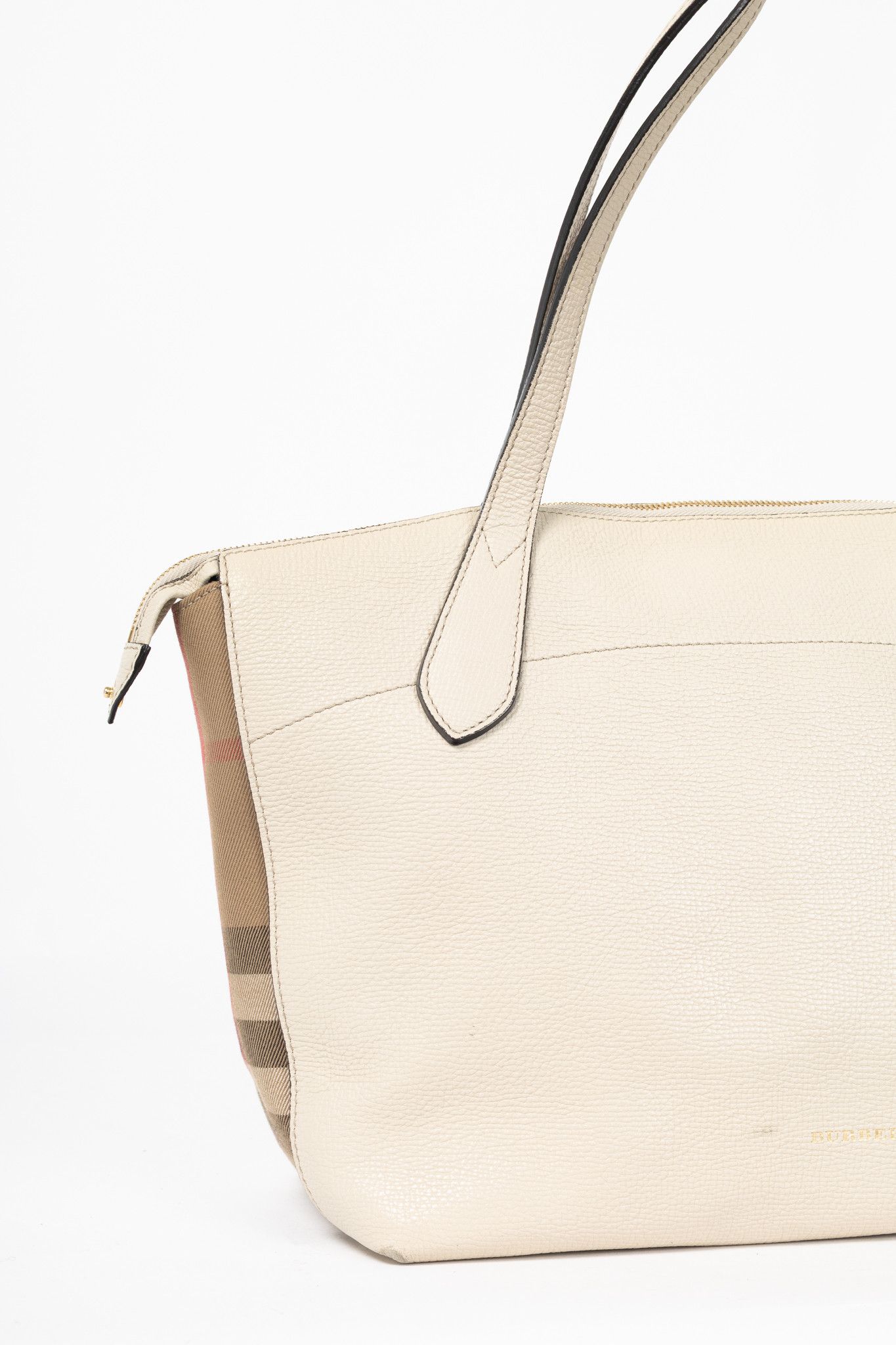 Burberry Burberry Welburn Cream Leather Check-Trim Tote Size ONE SIZE - 7 Thumbnail