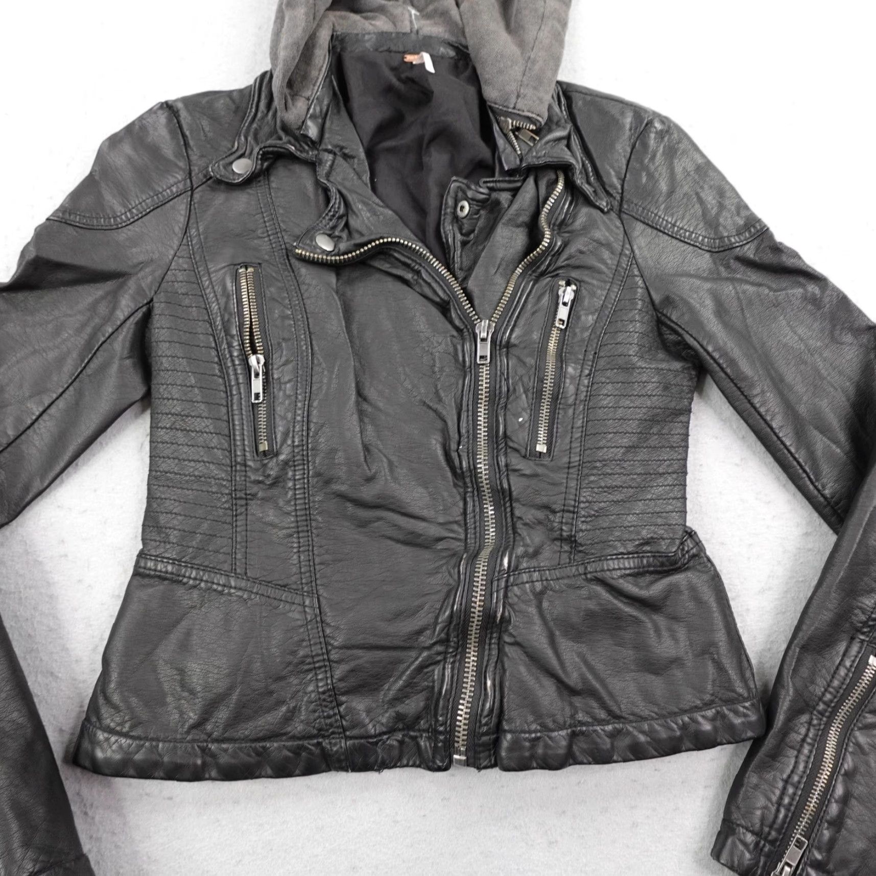 Free People Free People Jacket Womens 0 Black Vegan Leather Moto Zip Hooded Crop Biker Coat Size XS / US 0-2 / IT 36-38 - 3 Thumbnail
