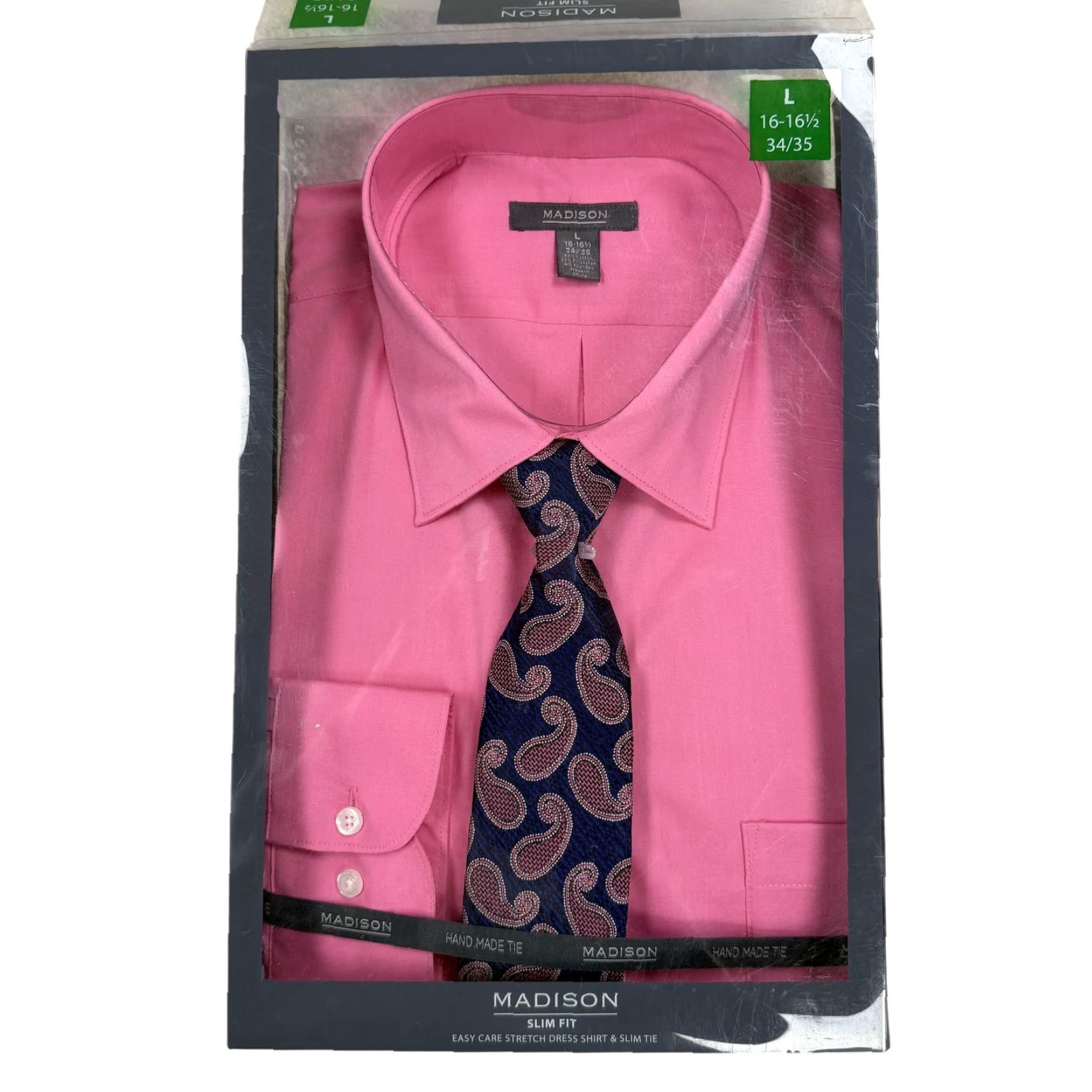 Madison Madison Dress Shirt Mens Large 16-16.5 34/35 Pink Slim Fit Easy Care Stretch Shirt Size 42R - 2 Thumbnail
