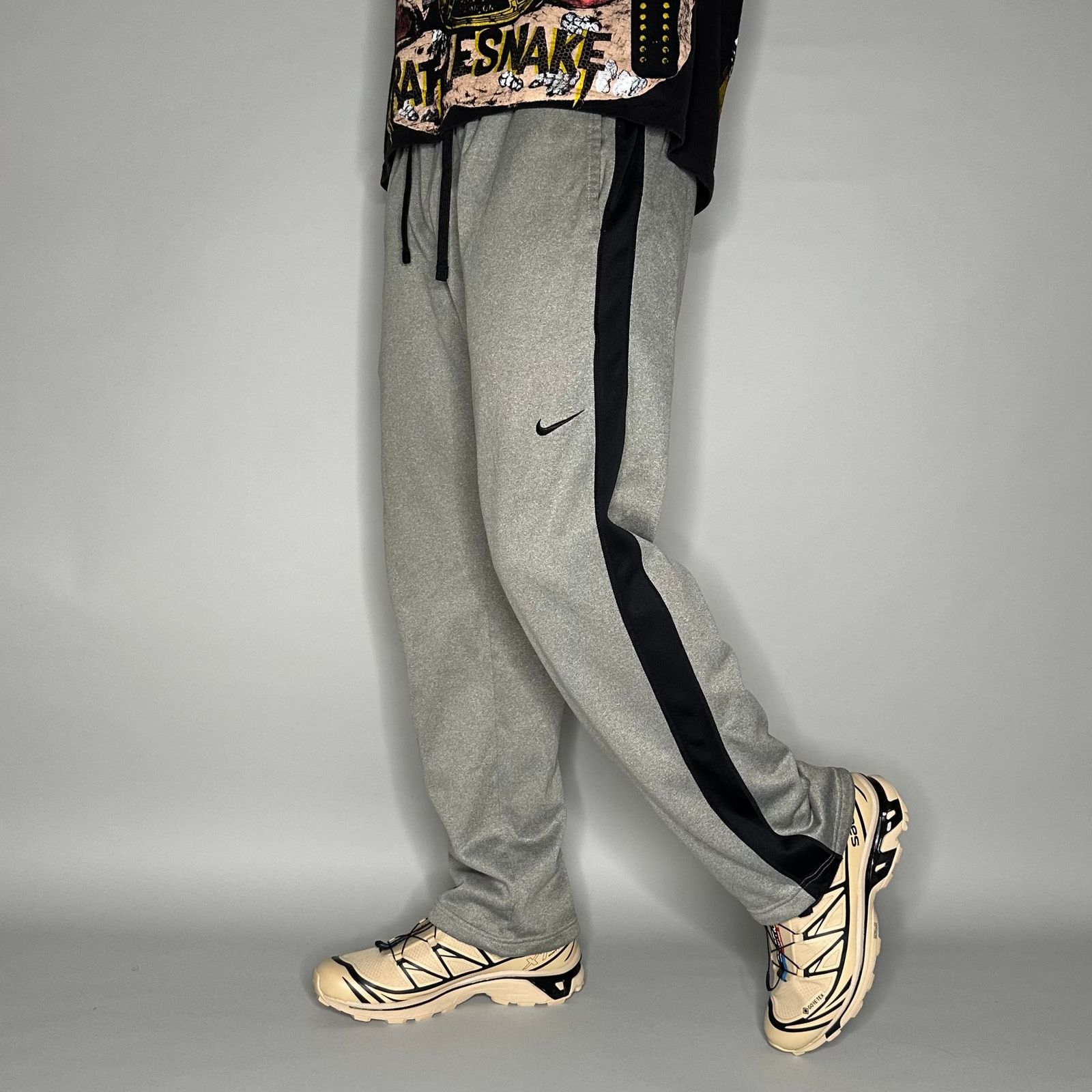 Nike Sweatpants Grey Polyester Black Swoosh Baggy Wide Leg
