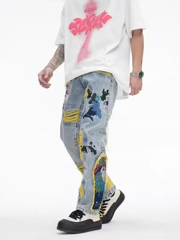 VIBE Retro heavy embroidery ripped washed distressed jeans Size US 31 - 5 Thumbnail