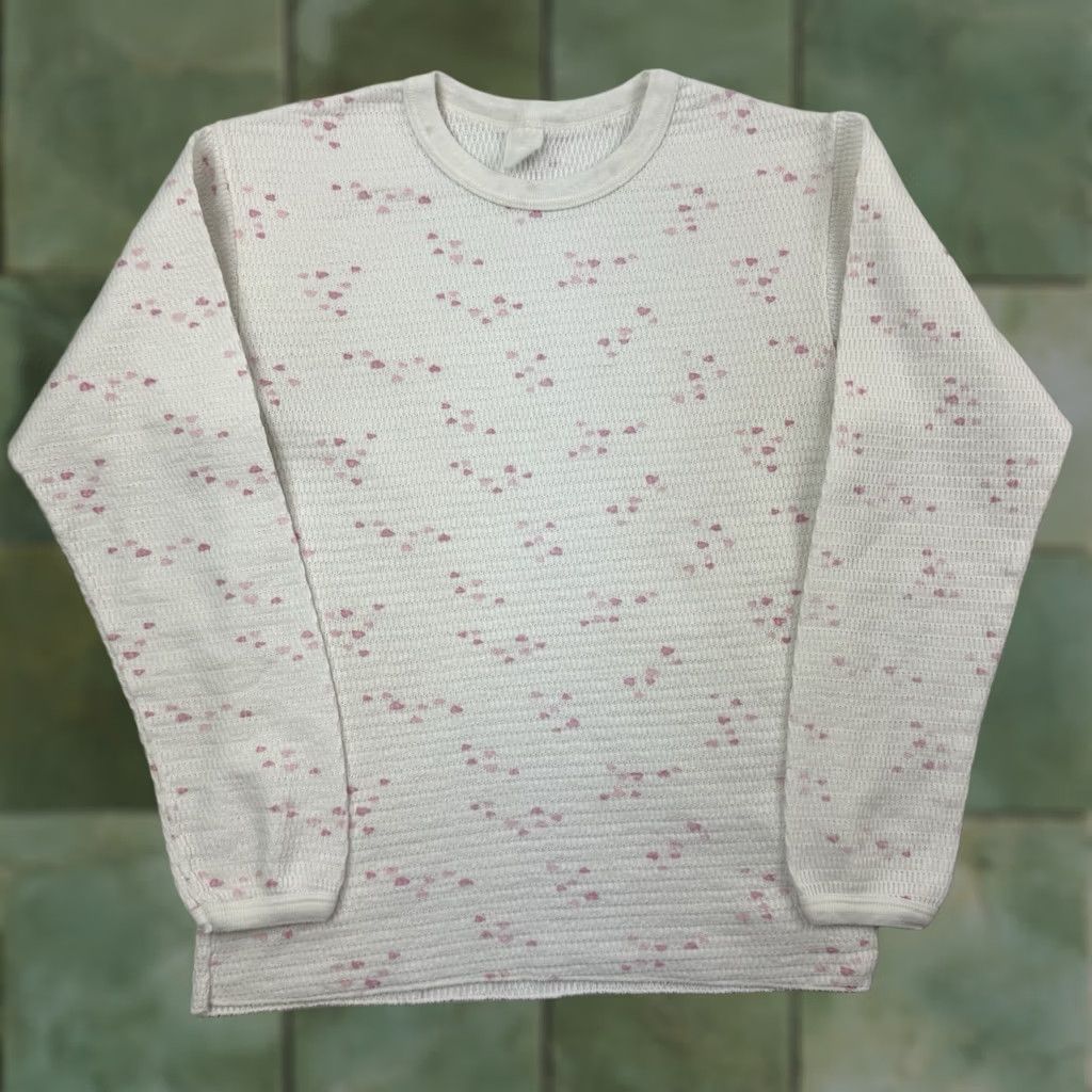 Vintage VINTAGE American Shirt Womens Small Crew Neck Long Sleeve Thermal Heart Printed 70s 80s Hipster Grunge White Cotton Slim Vintage Size S / US 4 / IT 40 - 1 Thumbnail