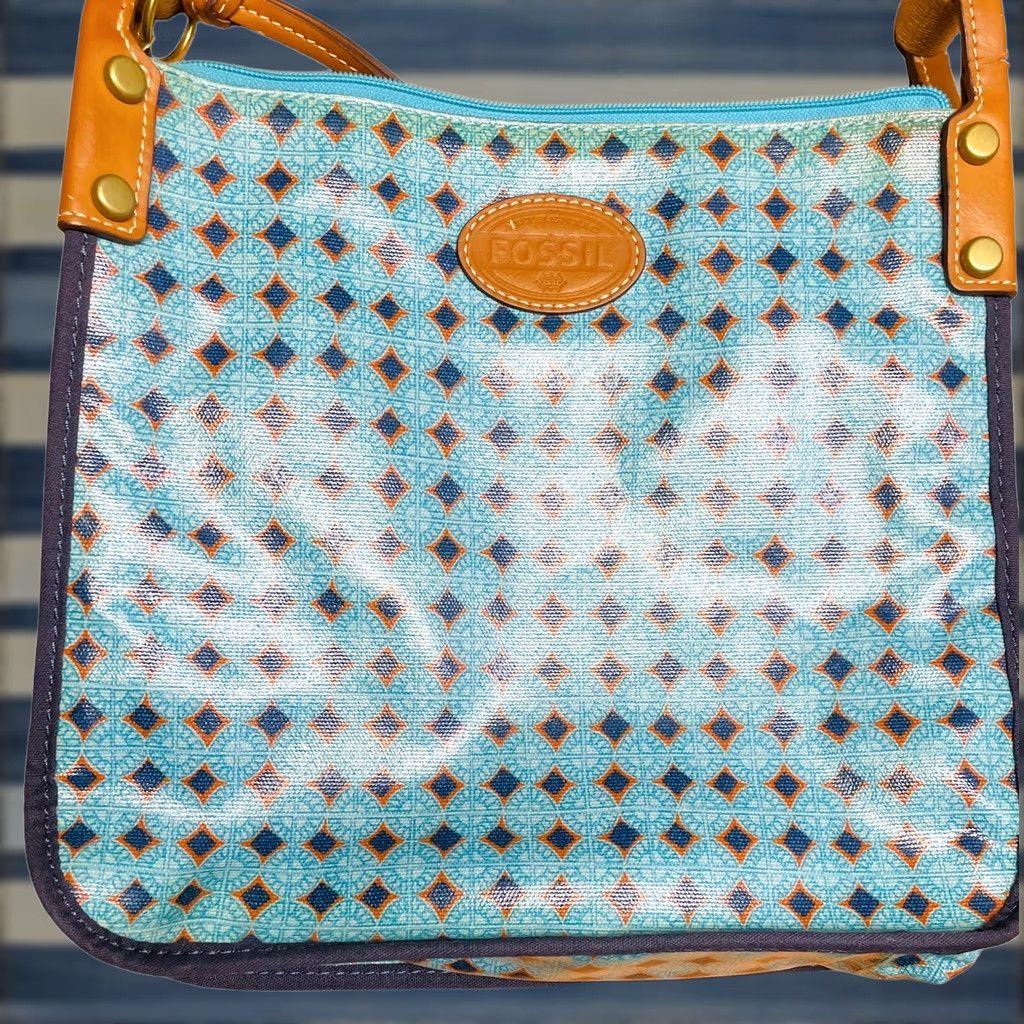 Fossil Fossil Kinley Crossbody Blue Crossbody Purse Women’s Vinyl Geometric Shape Tote Bag 90s Pattern Casual Travel Adjustable Strap Brown Hardware Size ONE SIZE - 1 Thumbnail