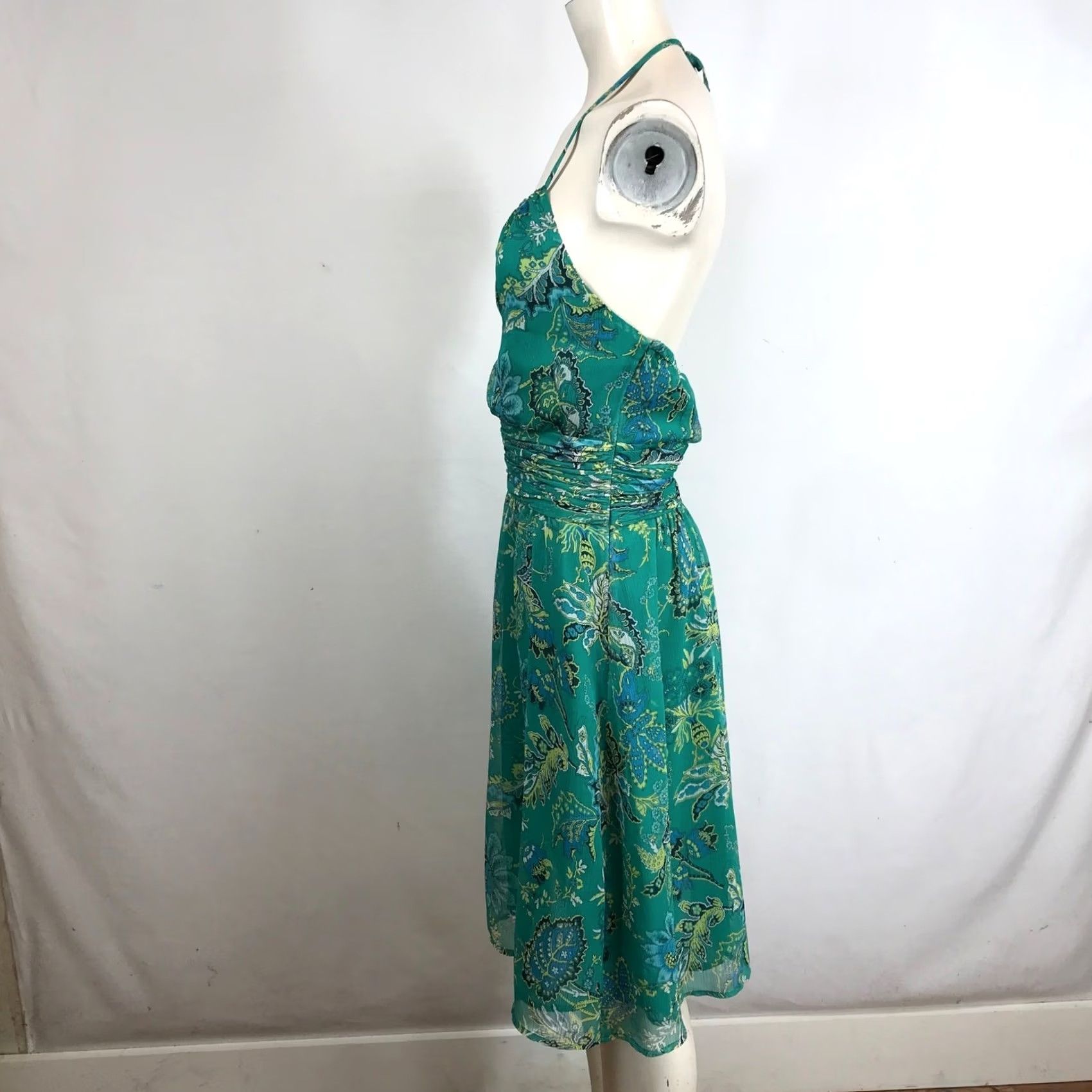 Ann Taylor LOFT Ann Taylor Midi Dress Size 4 Teal Blue Paisley Print Halter Neck Keyhole Size S / US 4 / IT 40 - 6 Thumbnail