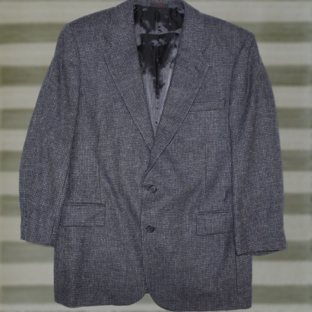 VINTAGE Barrington Blazer Men’s 44 R Wool Tweed Sport Coat Jacket Barleycorn Gray Blue Blazer Jacket Mens