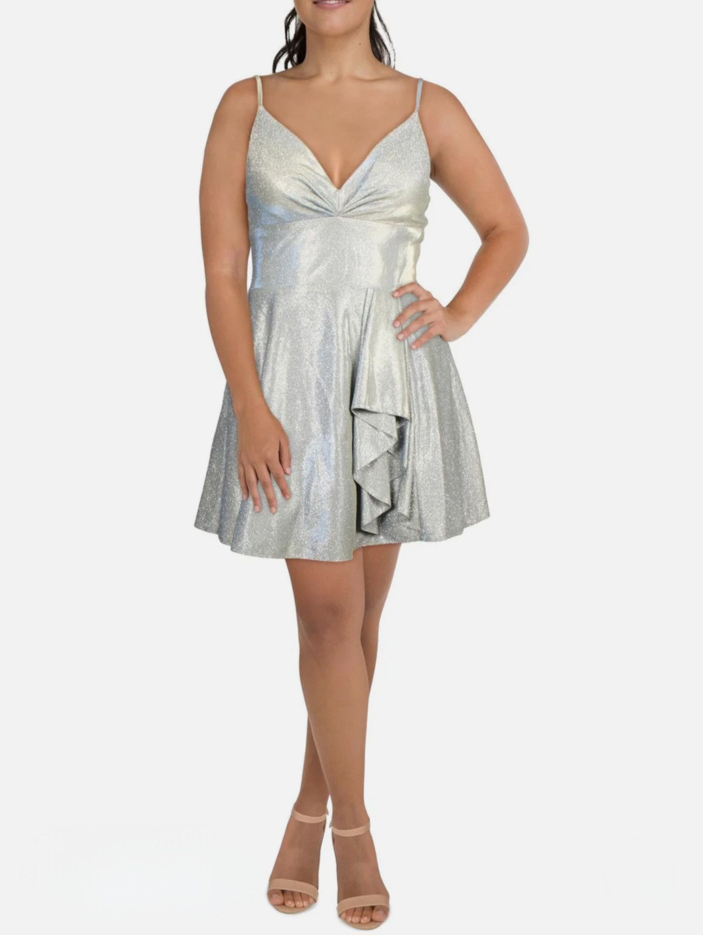 Other Blondie Nites Silver Metallic Ruffled Fit & Flare Dress Size L / US 10 / IT 46 - 1 Thumbnail