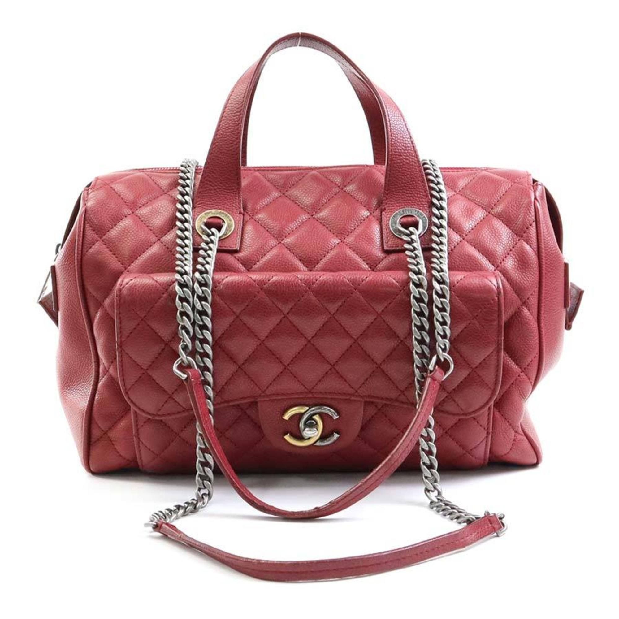 image of Chanel Women's Caviar Leather Handbag,shoulder Bag Burgundy in Red