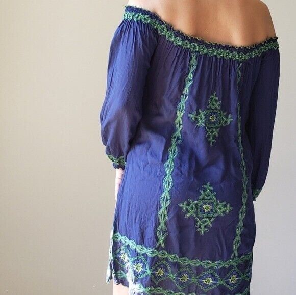 Poupette St Barth Poupette St. Barth Blue Embroidered Mini Dress off the shou Size S / US 4 / IT 40 - 2 Thumbnail