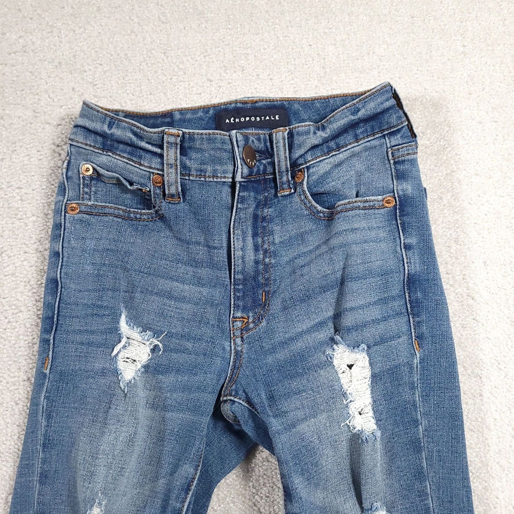Vintage Aéropostale Jeans Womens 00 Short High Rise Skinny Jegging Distressed Stretch Denim Blue Leather? Size 24" / US 00 / IT 34 - 3 Thumbnail