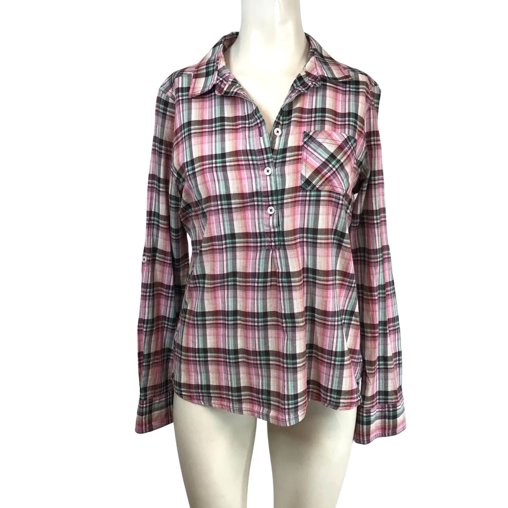 Prana Prana Womens Small Pink Teal Plaid Henley Shirt Top Roll Tab Sleeve Button-Down Shirt Top Size S / US 4 / IT 40 - 2 Thumbnail
