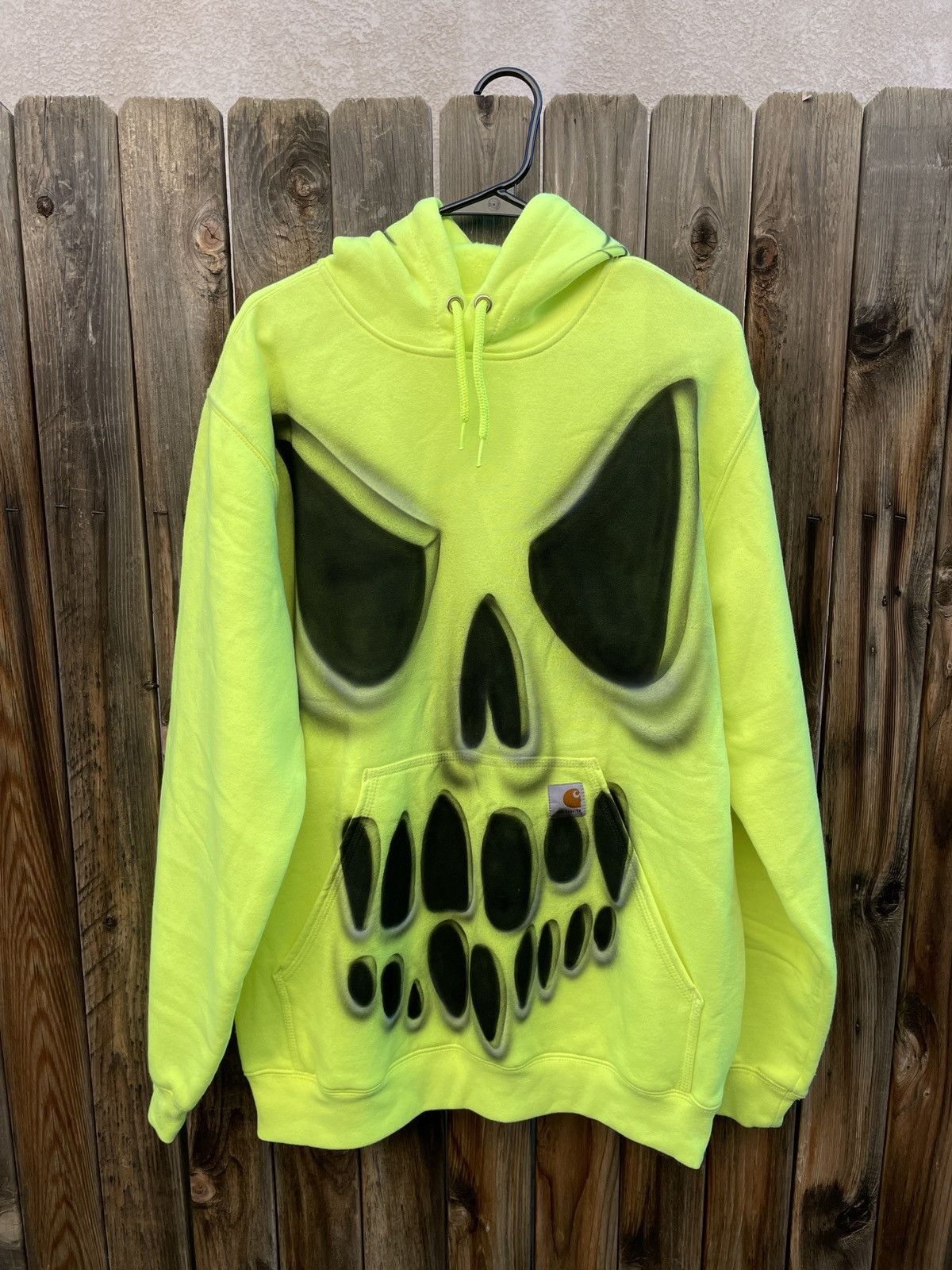 image of Skull Carhartt Hoodie in Neon Green, Men's (Size XL)