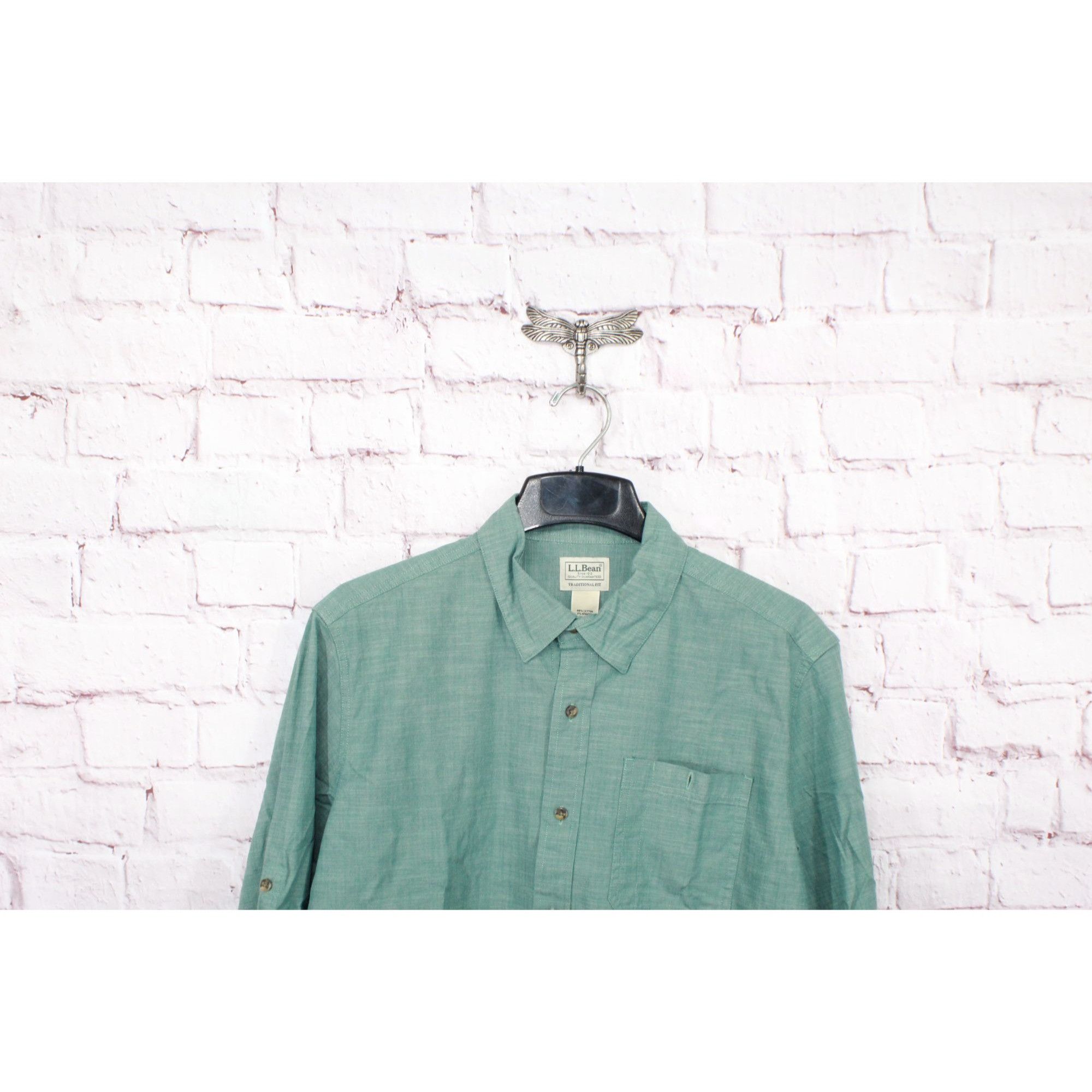 L.L. Bean LL Bean Heather Green Cotton Long Sleeve Button Up Shirt Size US M / EU 48-50 / 2 - 2 Thumbnail