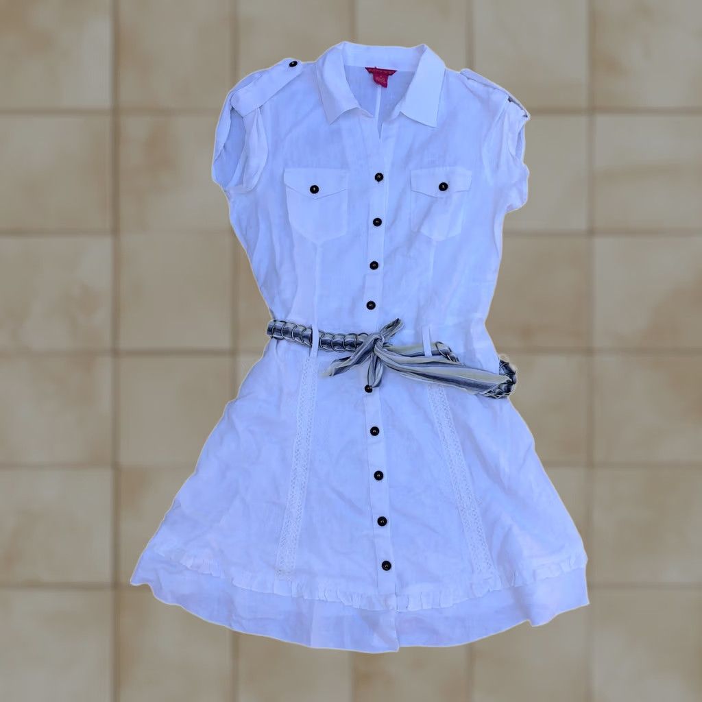 Vintage SUNNY LEIGH 100% Linen Button Dress Women's 10 White Short Sleeve A-Line Knee Length Size 32" / US 10 / IT 46 - 1 Thumbnail