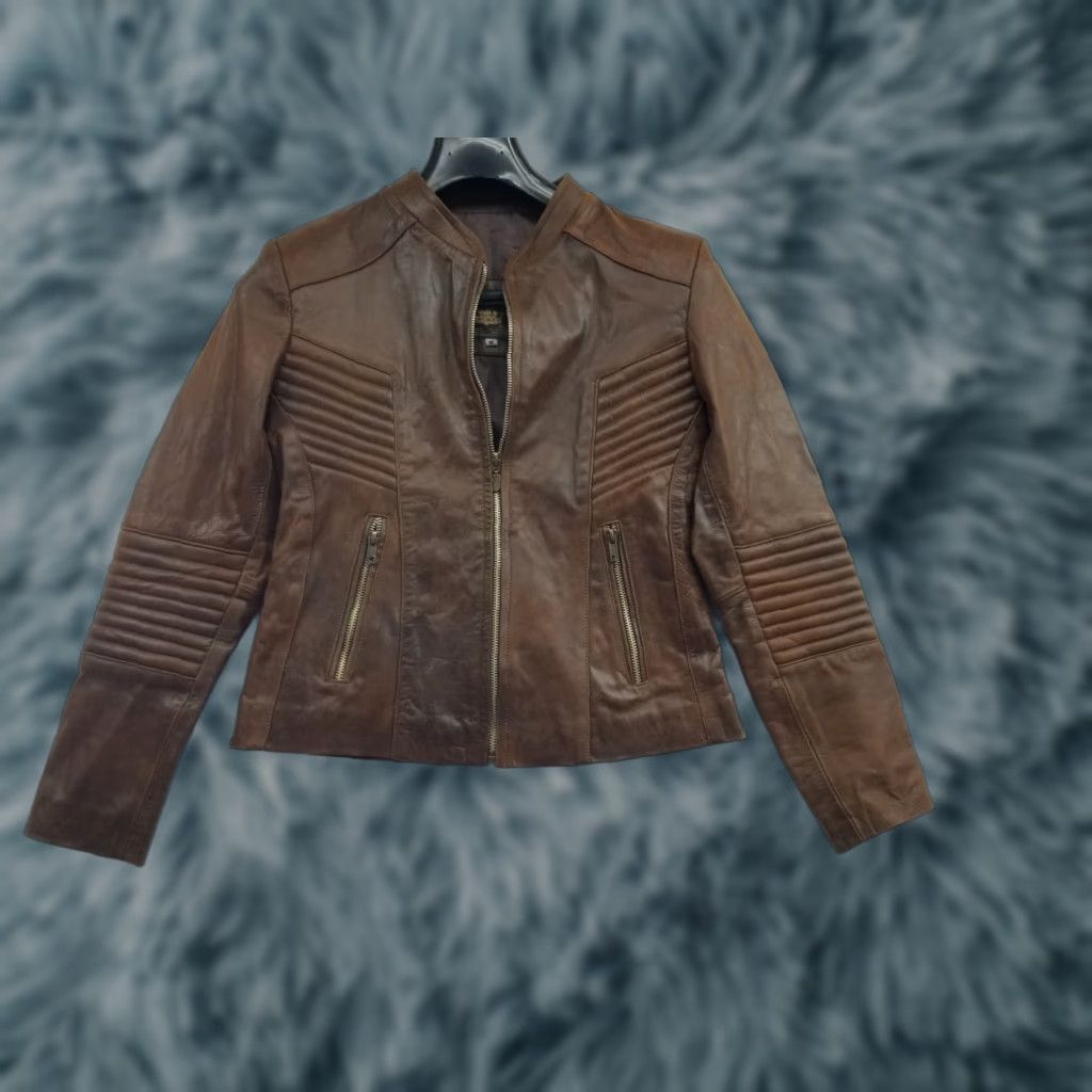 Vintage Lions Lifes Adventures Jacket Moto Womens Medium Leather Brown Zip Up Size M / US 6-8 / IT 42-44 - 1 Thumbnail