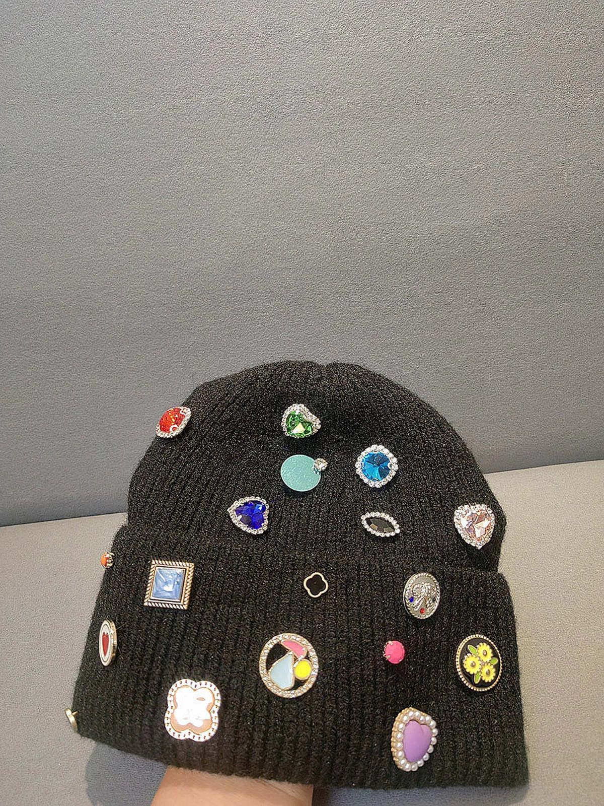 Other Black Beanie Hat with Colorful Gems and Badges Size ONE SIZE - 4 Thumbnail