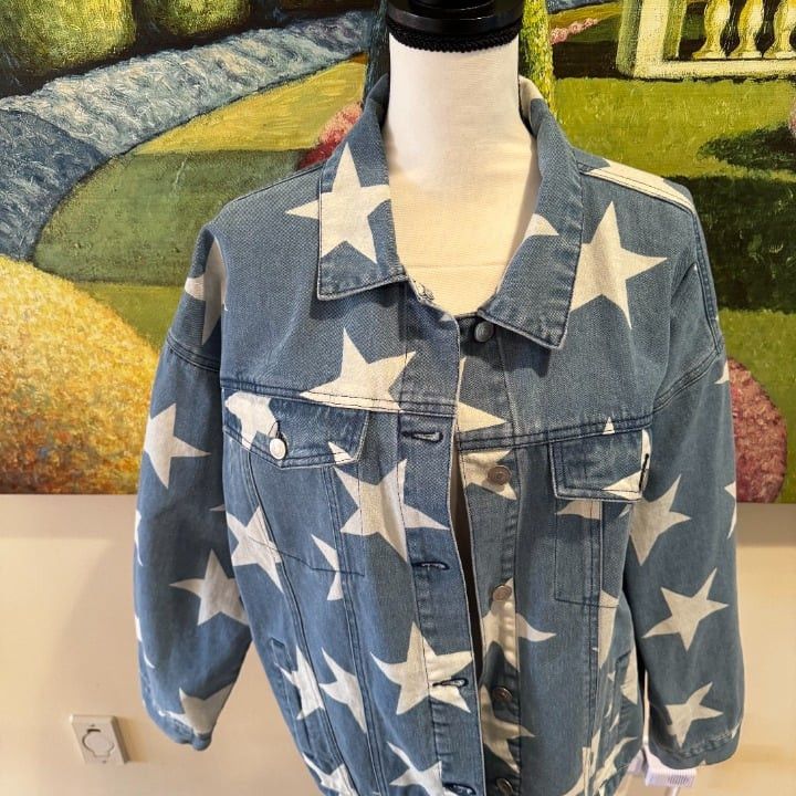 Other Altar'd State Women's Star Denim Jacket Blue Geometric Size Size L / US 10 / IT 46 - 2 Thumbnail