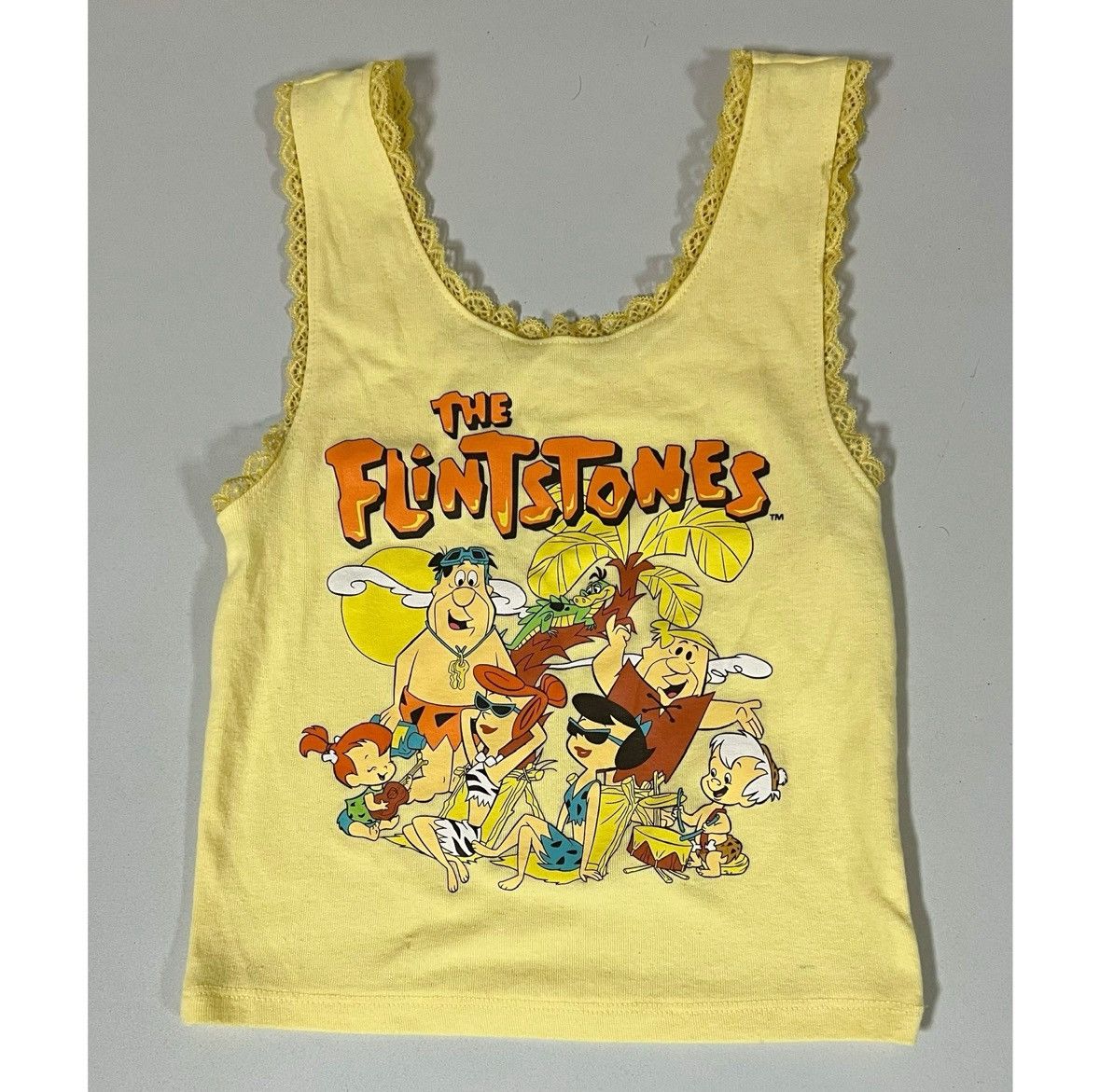 Band Tees Yellow ‘The Flintstones’ Lace Tank Top Shirt Cami Size S 🌼✨ Size S / US 4 / IT 40 - 1 Thumbnail