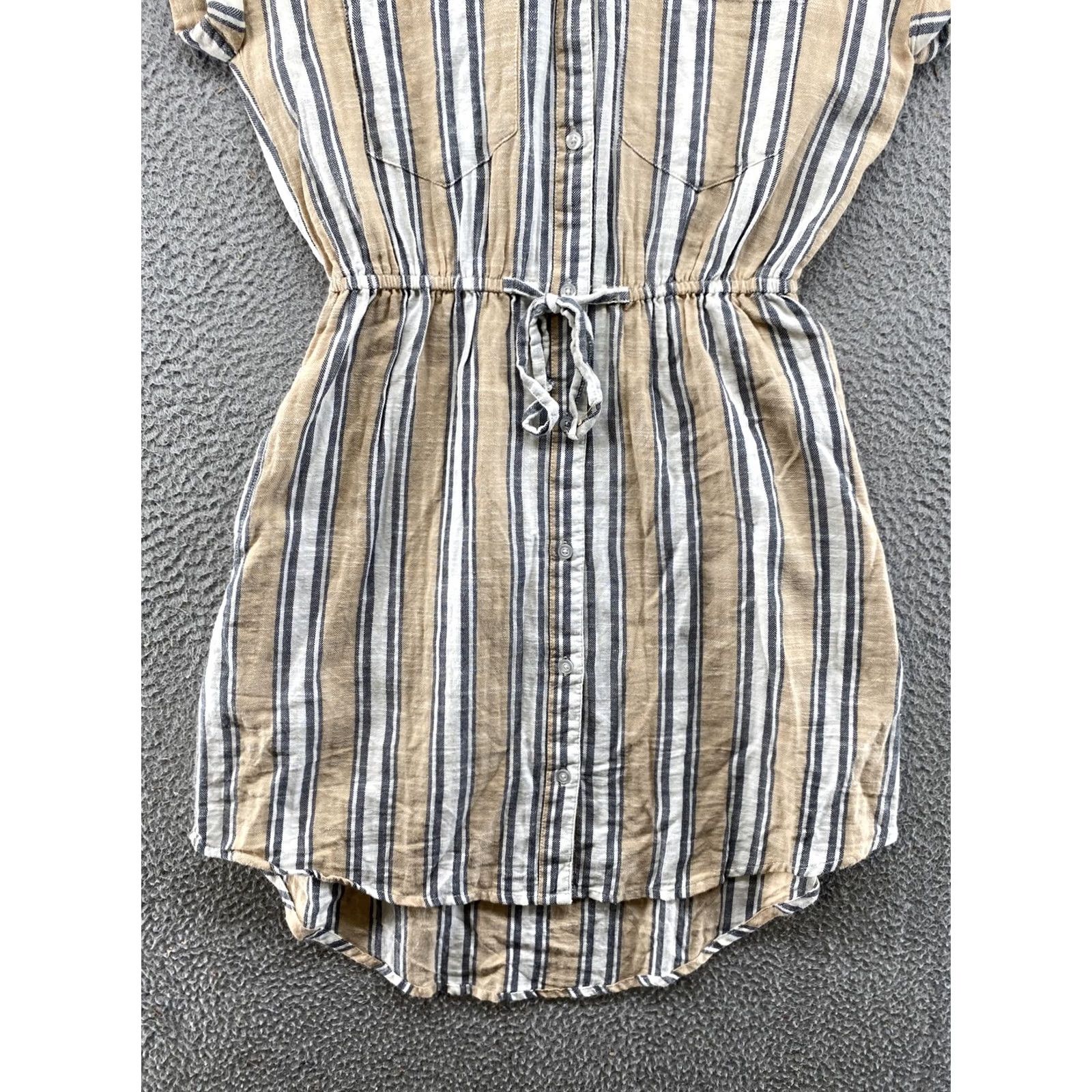 Vintage Japna Women’s Button Down Tie Waist Pockets Stripe Dress S Beige Cap Sleeve Hi-Low Size S / US 4 / IT 40 - 2 Thumbnail