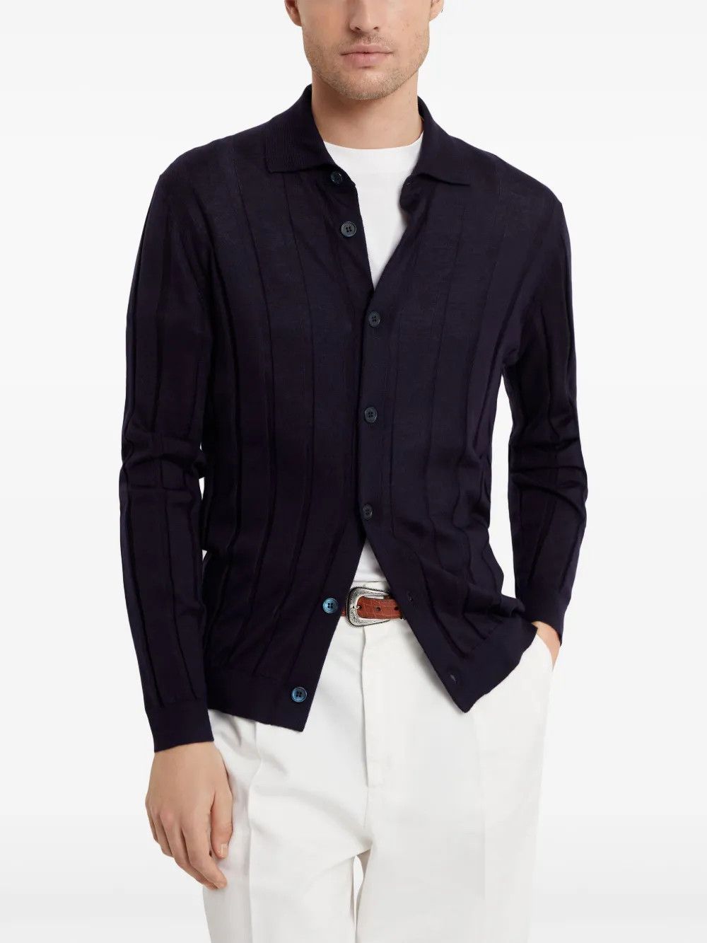 Brunello Cucinelli o1w1db10326 Ribbed Cashmere Cardigan in Navy Blue Size US M / EU 48-50 / 2 - 2 Thumbnail