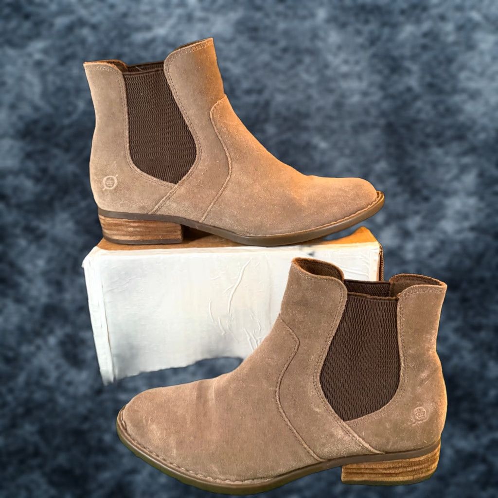 Born Born Suede Chelsea Boots Taupe Brown Ankle Booties Block Heel Womens 7 M Size US 7 / IT 37 - 1 Thumbnail