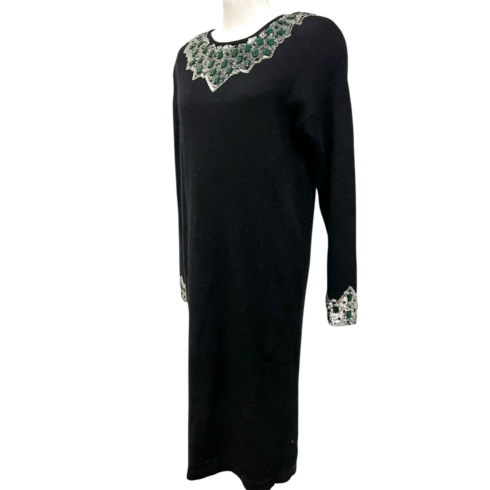 Etro VINTAGE Outlander Sweater Dress Dress Medium Black Wool Angora Bling Midi Retro 90s Womens Beaded Rhinestone 80s 90s Size M / US 6-8 / IT 42-44 - 4 Thumbnail