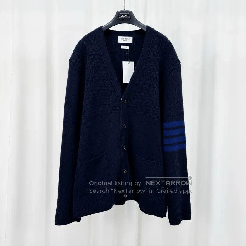 Thom Browne Thom Browne Black and Blue Striped Wool Knit Cardigan Size US XXL / EU 58 / 5 - 1 Thumbnail