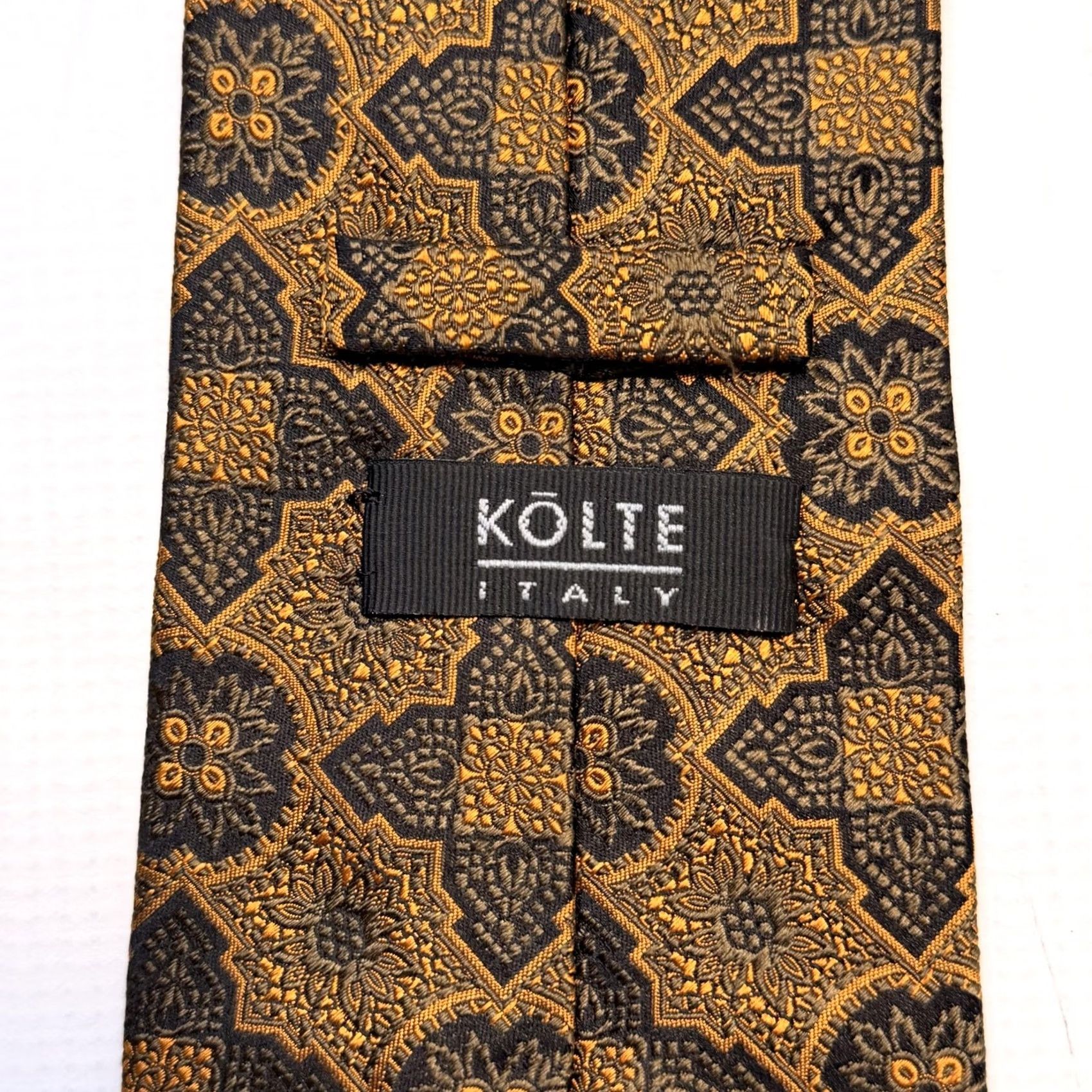 Vintage Kolte Tie Mens One Size Gold Italy Brown Geometric Floral Silk Necktie Size ONE SIZE - 3 Thumbnail