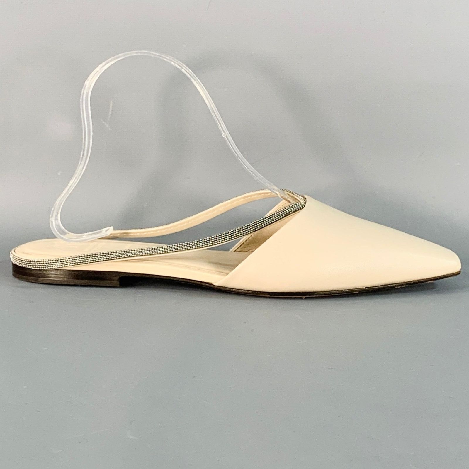 Brunello Cucinelli BRUNELLO CUCINELLI Beige Silver Leather Monili Slip On Flats Size US 10 / IT 40 - 2 Thumbnail