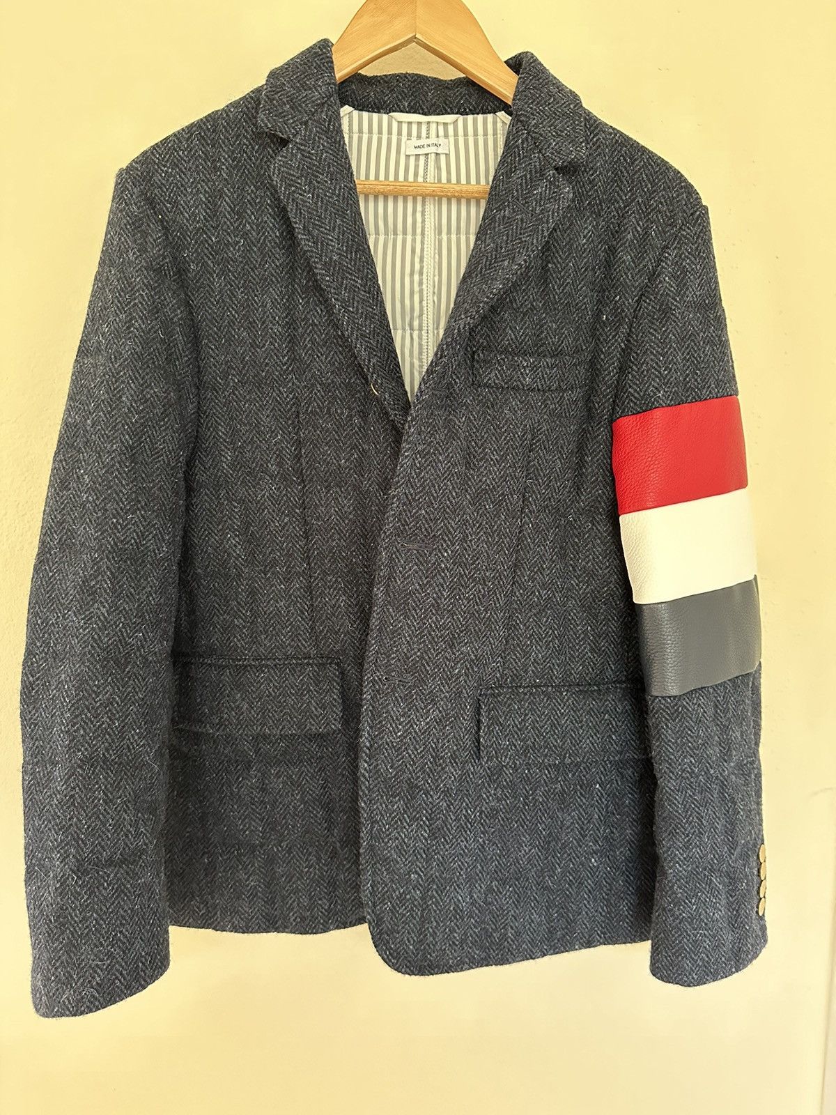 image of Thom Browne Down Harris Tweed Jacket in Navy, Men's (Size Small)