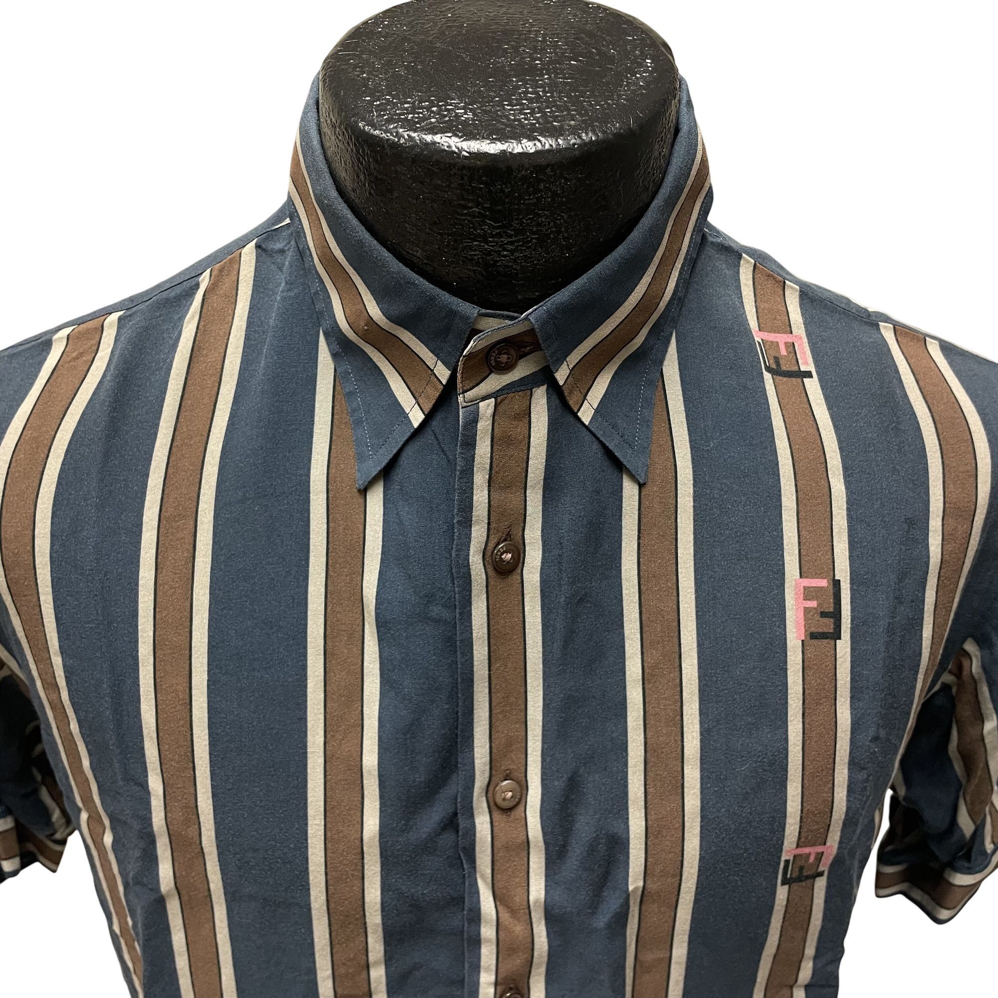 Fendi Fendi Blue Stripe PANEL Logo Rayon Rockabilly Shirt Size US M / EU 48-50 / 2 - 5 Thumbnail