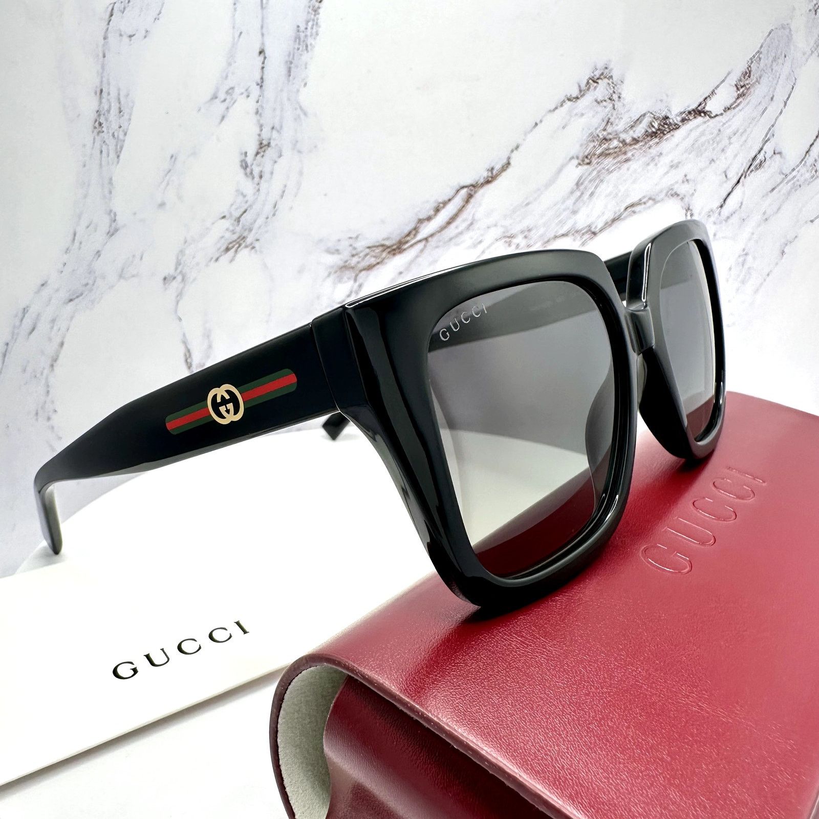 Gucci New GUCCI Sunglasses Black 54mm Square Gold GG Red Green Web Size ONE SIZE - 1 Thumbnail