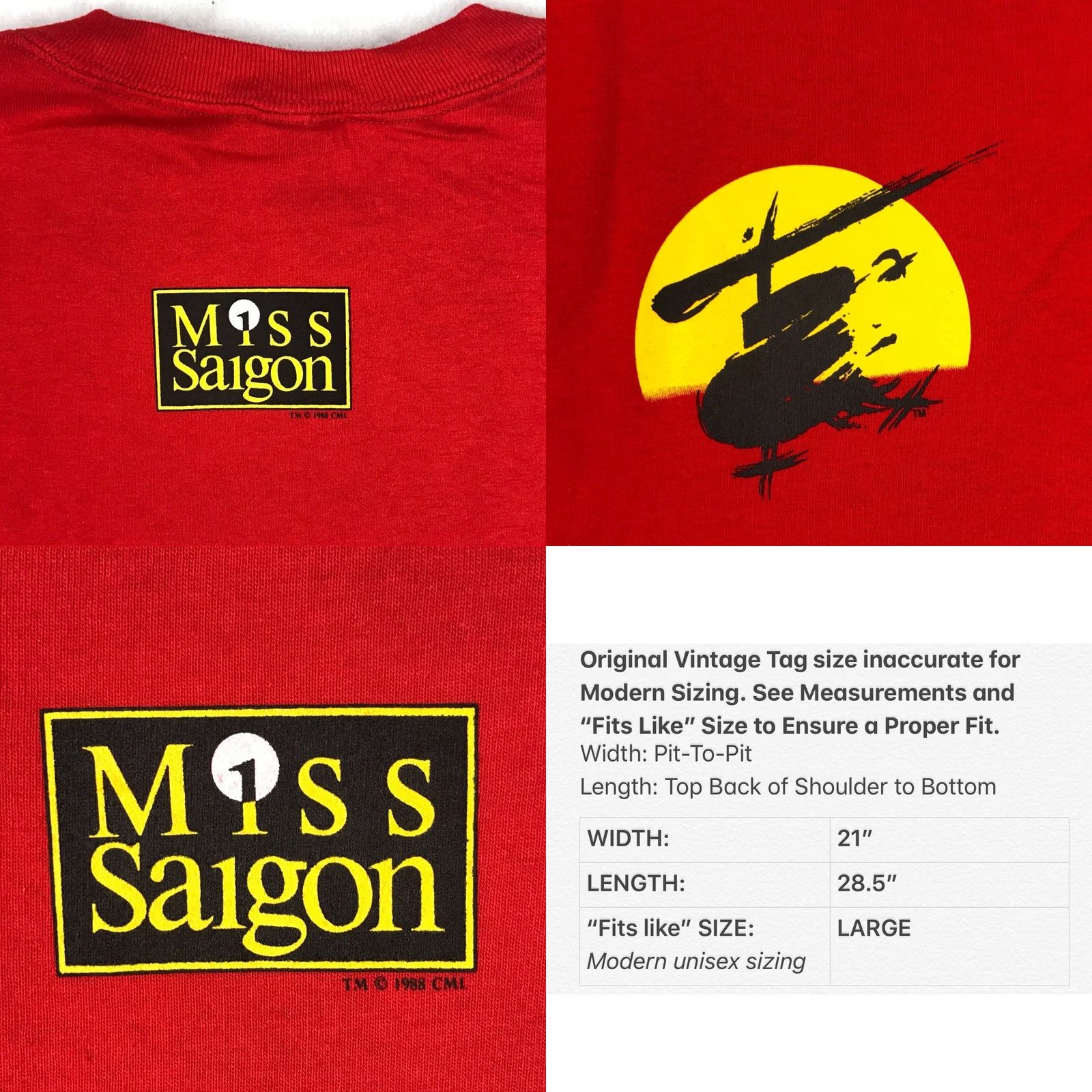 Fruit Of The Loom VINTAGE MISS SAIGON BROADWAY MUSICAL T-Shirt LARGE opera theatre nyc NOS 90s Red Fruit of the Loom Mens Size US L / EU 52-54 / 3 - 8 Thumbnail