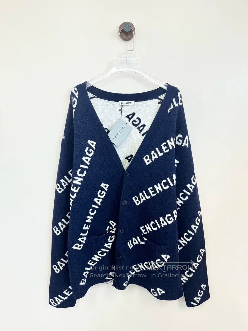 Balenciaga Deep blue wool knit cardigan with full logo let