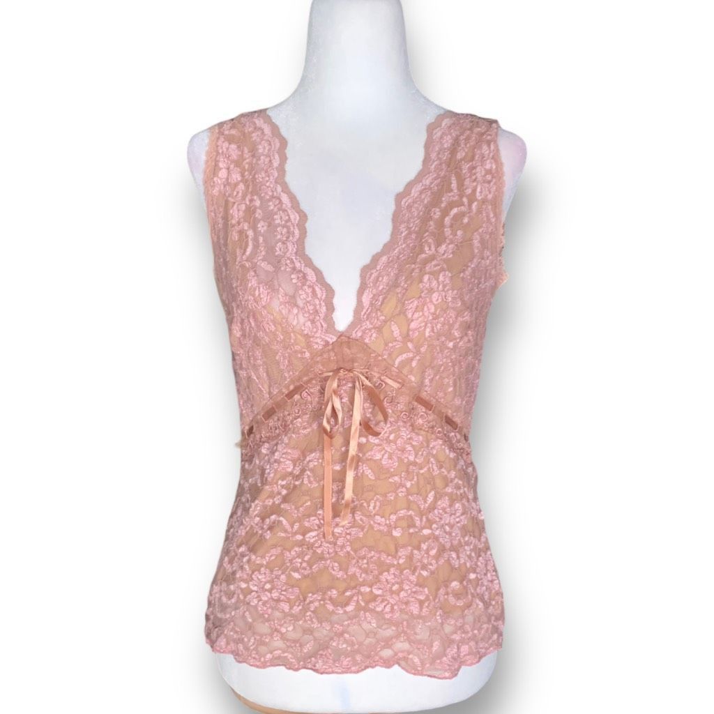 Vintage Vintage Ann Ferriday Pink Lace Tank Top Sleeveless Vneck Tie Size S / US 4 / IT 40 - 1 Thumbnail