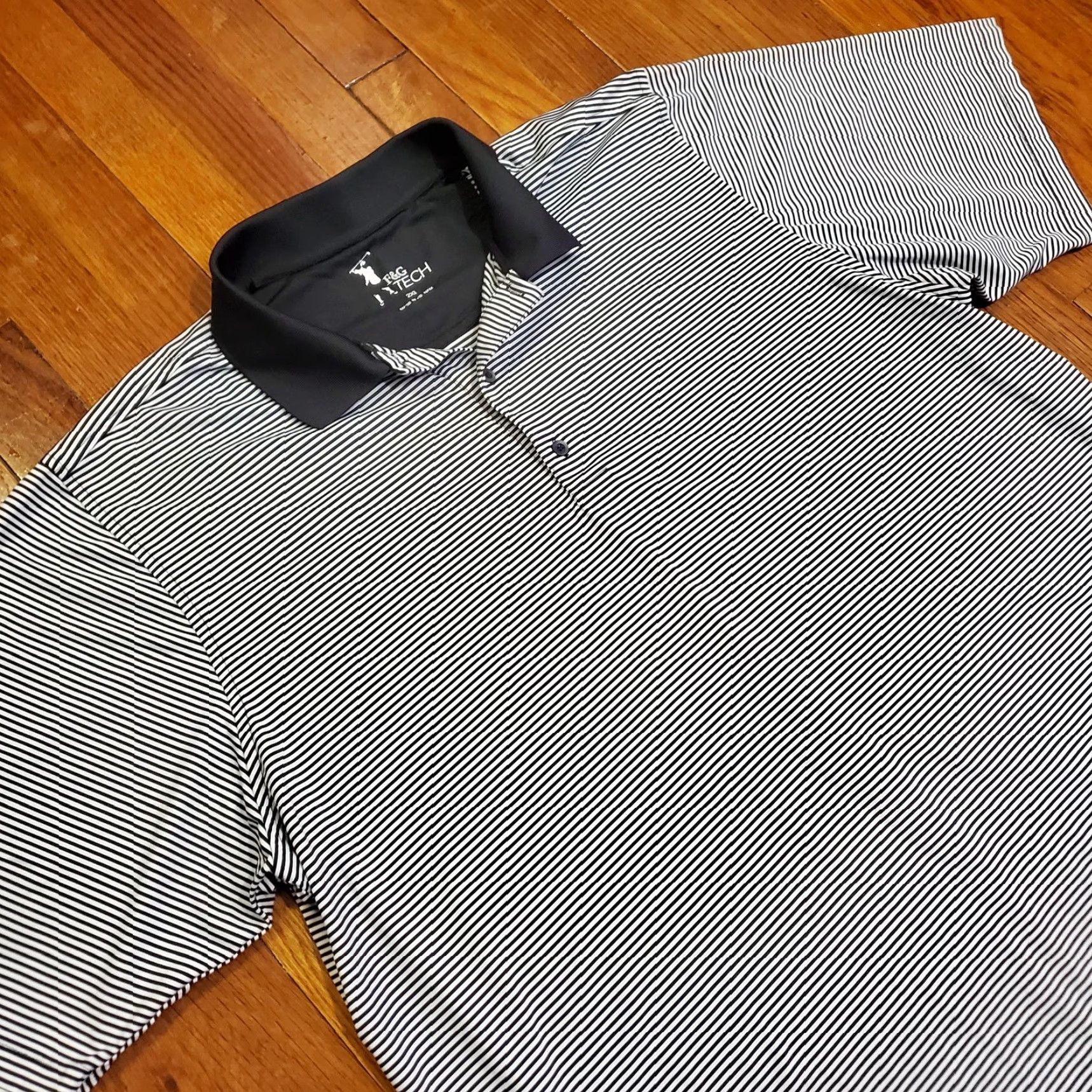 Vintage F&G Tech Polo Shirt Mens 2XL Black White Striped Golf Performance Stretch Shirt Mens 2XL Black White Striped Golf Performance Stretch Size US XXL / EU 58 / 5 - 2 Thumbnail