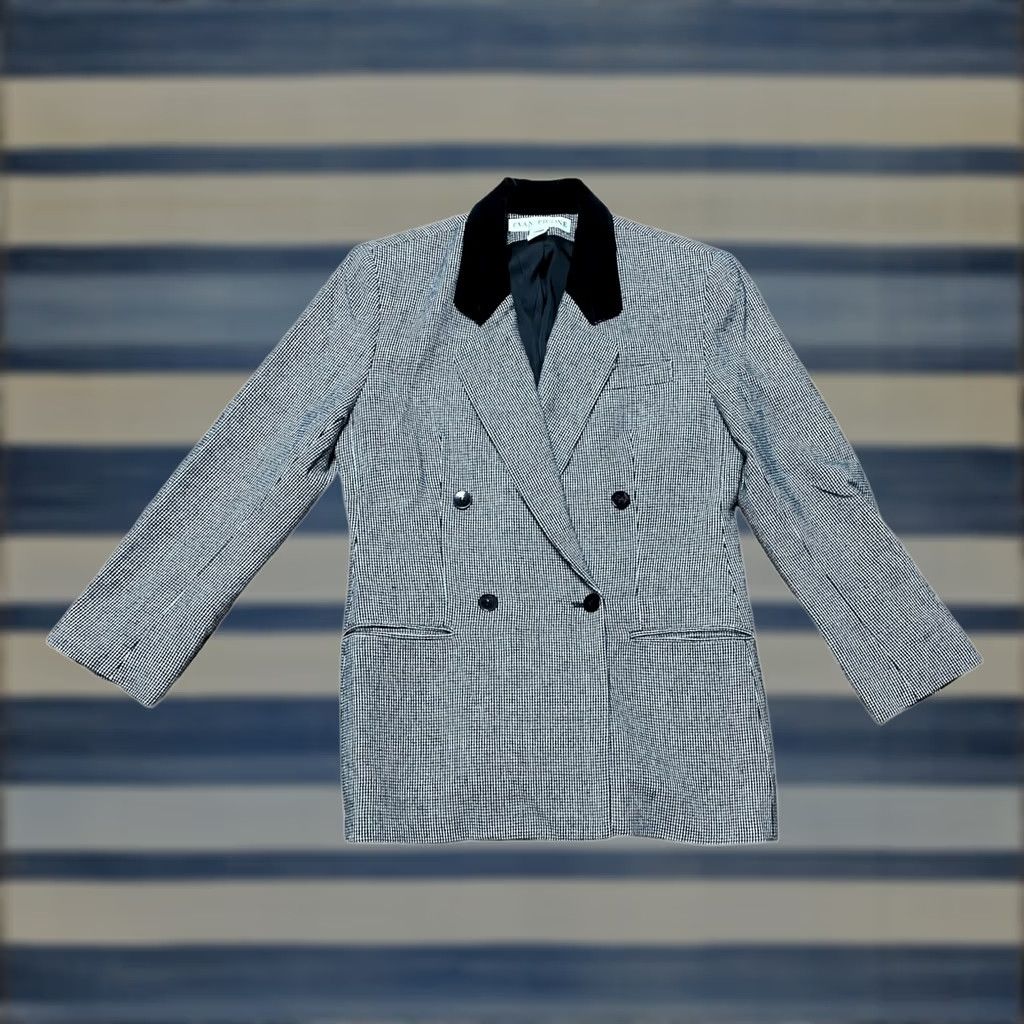 Evan Picone VINTAGE Evan-Picone Blazer Plaid Wool Blend Notch Lapel 2-Button Mid-Length Single-Breasted Black White Sz 6 Women’s USA Size M / US 6-8 / IT 42-44 - 1 Thumbnail