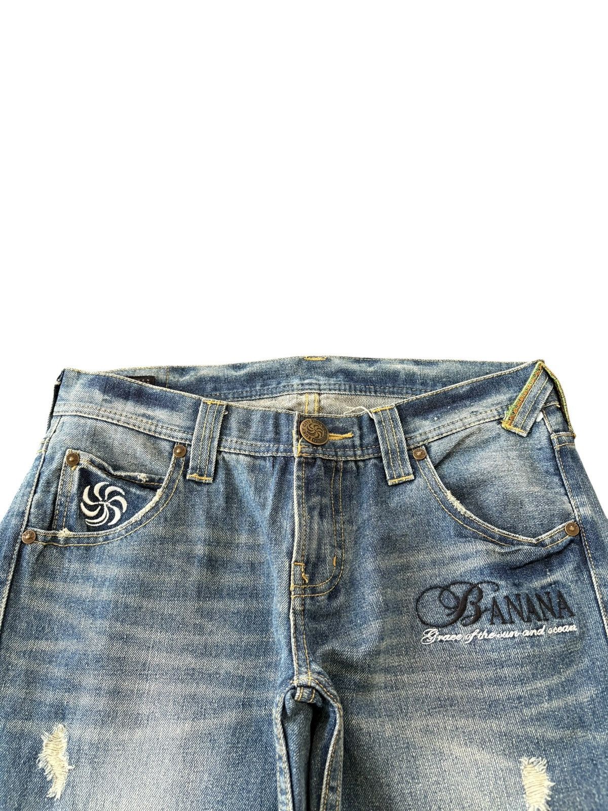 Japanese Brand Vintage Banana Seven Distressed Embroidery Bootcut Jeans Size 31" - 4 Thumbnail