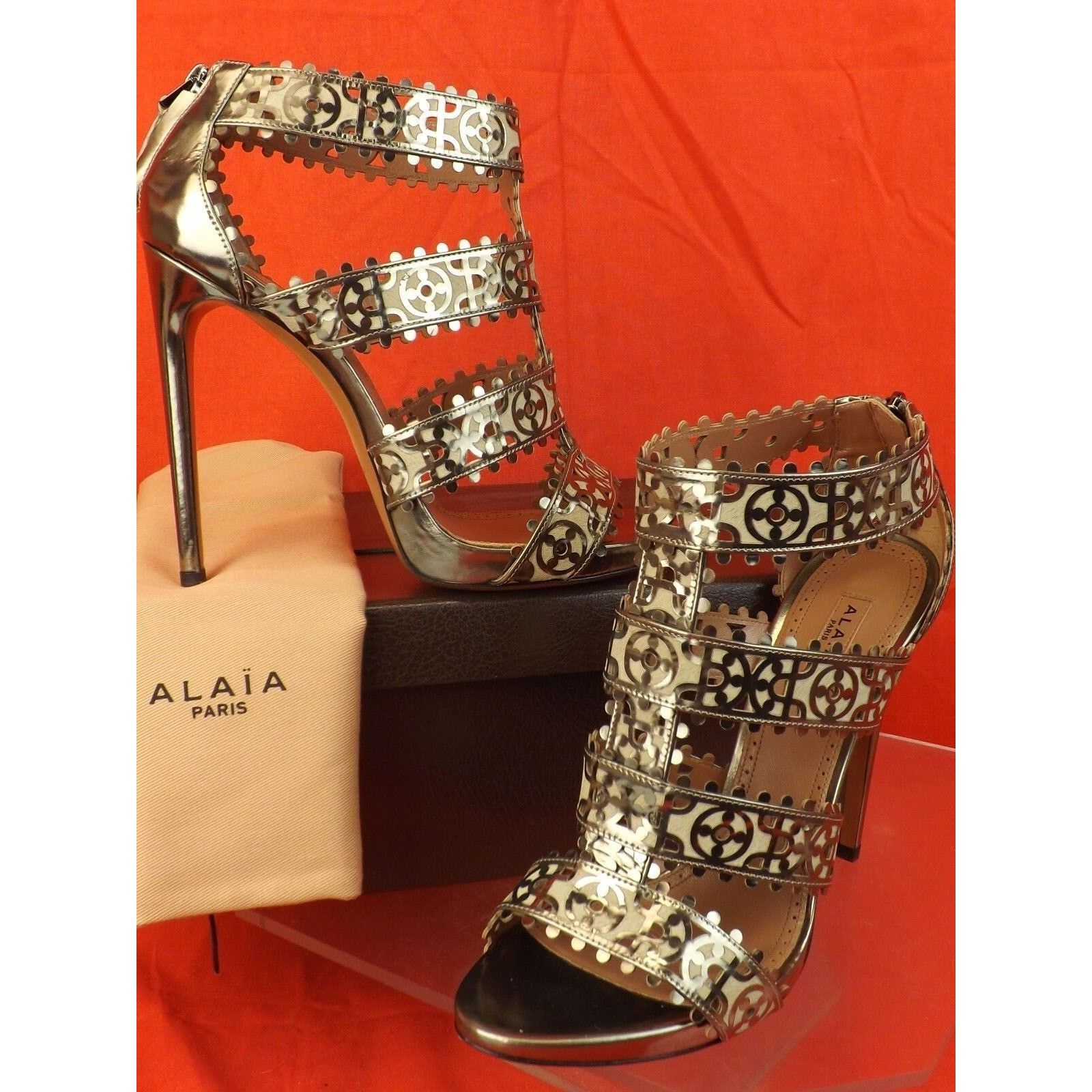 SILVER LASER CUT PATENT LEATHER PLATFORM SANDALS PUMPS 41