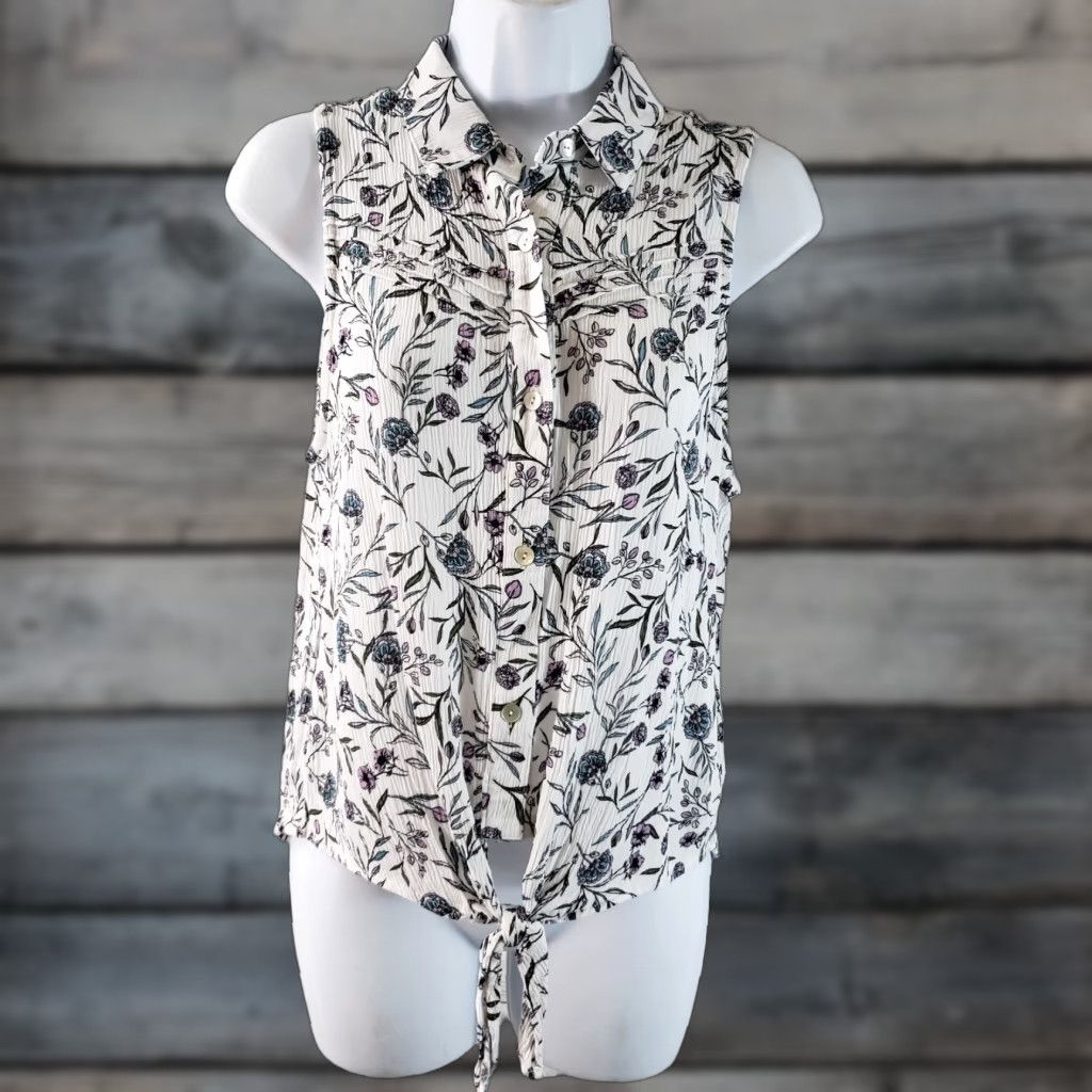 Vintage Peace & Pearls Womens Button-Up Top Small White Purple Floral Sleeveless Front Tie Size S / US 4 / IT 40 - 1 Thumbnail