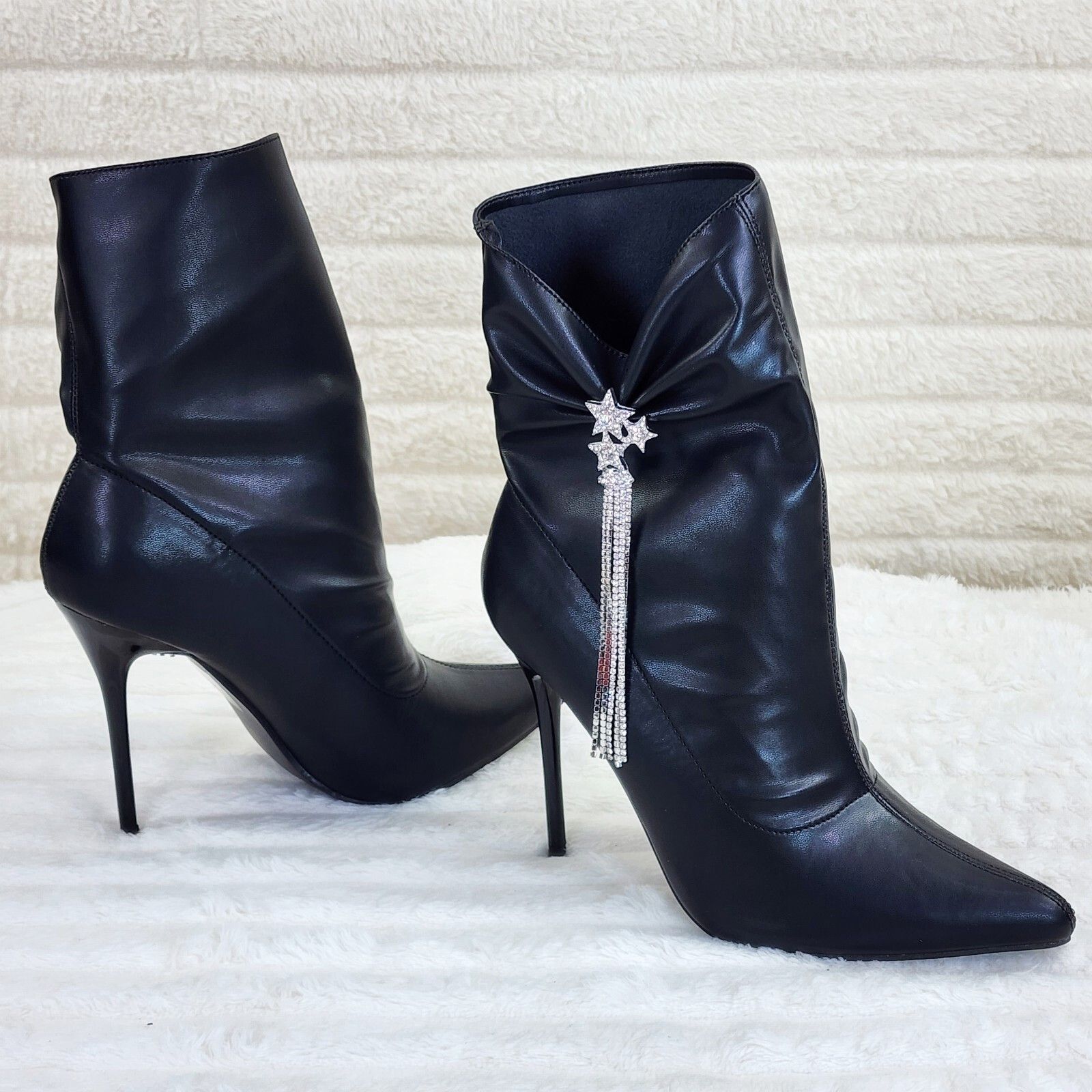 Other Sherry Black Pull on Scrunch Rhinestone Pendent High Heel An Size US 8 / IT 38 - 1 Thumbnail