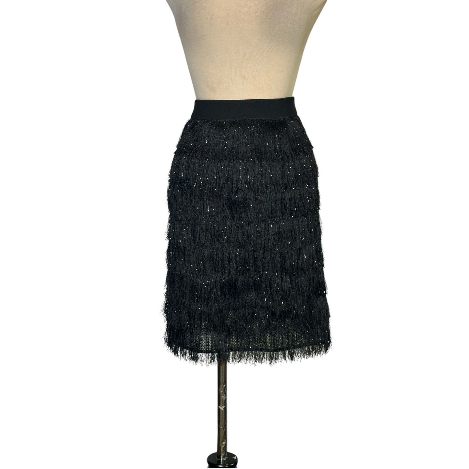 BCBGMaxAzria black metallic fringe skirt size large