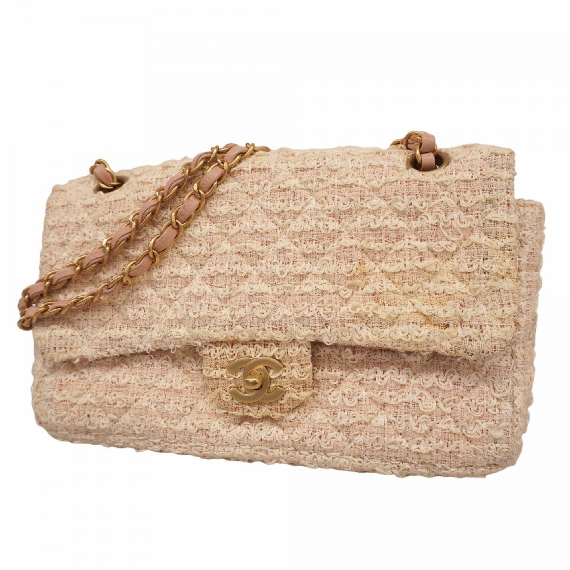 Chanel Shoulder Bag Matelasse W Chain Tweed White Light Pink Champagne Ladies, Women's