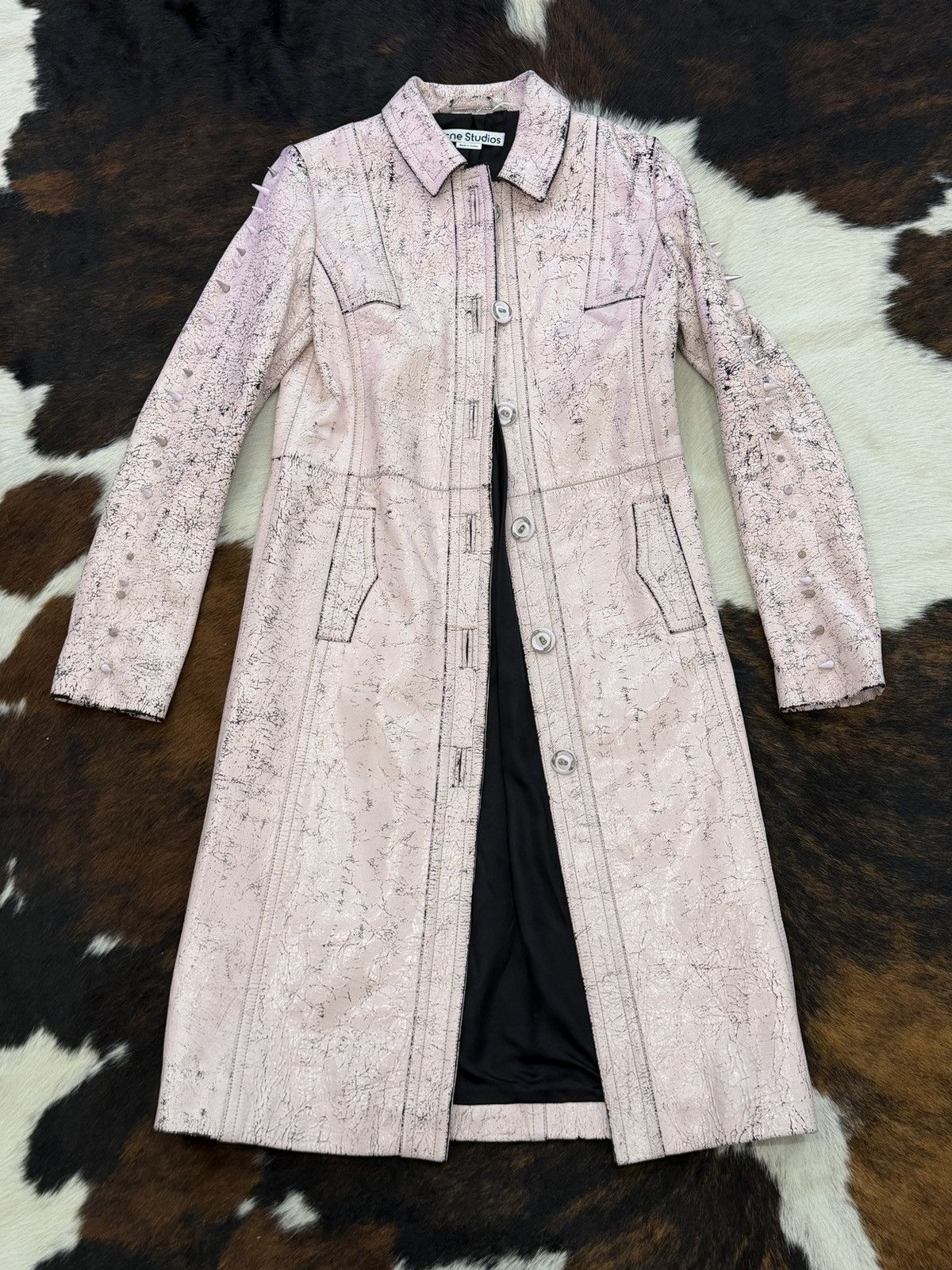 Acne Studios Acne Studios Pink Cracked Leather Studded Coat Jacket Size S / US 4 / IT 40 - 1 Thumbnail