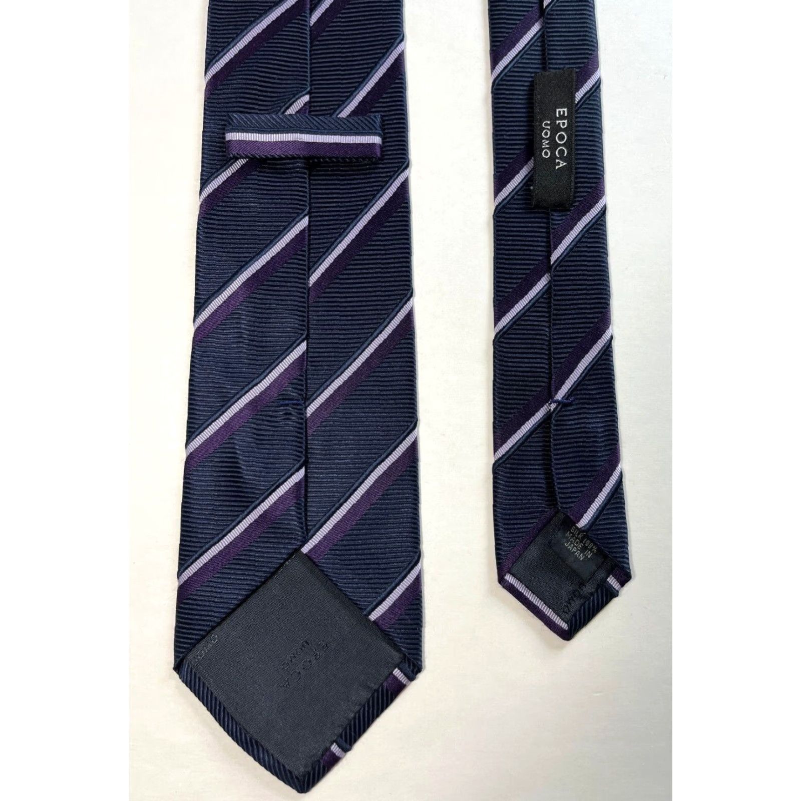 Vintage Epoca Uomo Silk Tie Striped Ribbed Navy Made in Japan Men’s Tie 100% Silk Length 58 1/2 Width 3 3/8" Classic Size ONE SIZE - 6 Thumbnail