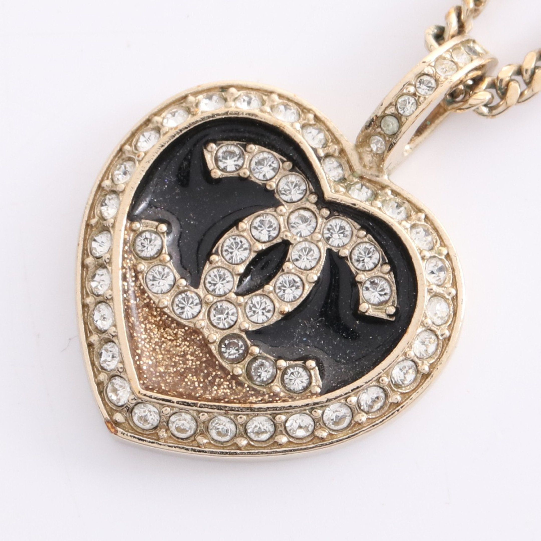 Chanel Chanel Coco Mark Heart Necklace Gp Rhinestone Gold Black Clear C23B Size ONE SIZE - 1 Thumbnail