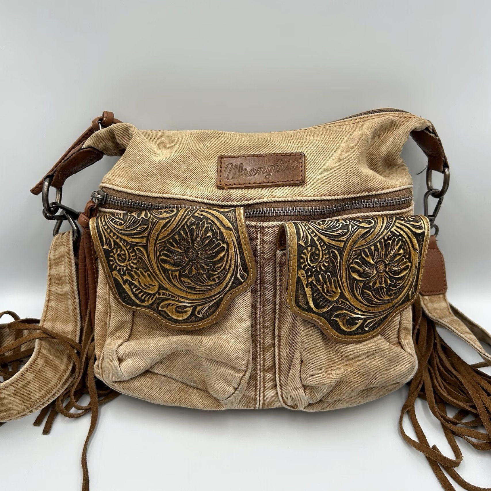 Wrangler Wrangler Crossbody Bag Western Ladies Fringe Floral Tooled Black Denim Beige Exterior Color Medium Size ONE SIZE - 2 Thumbnail