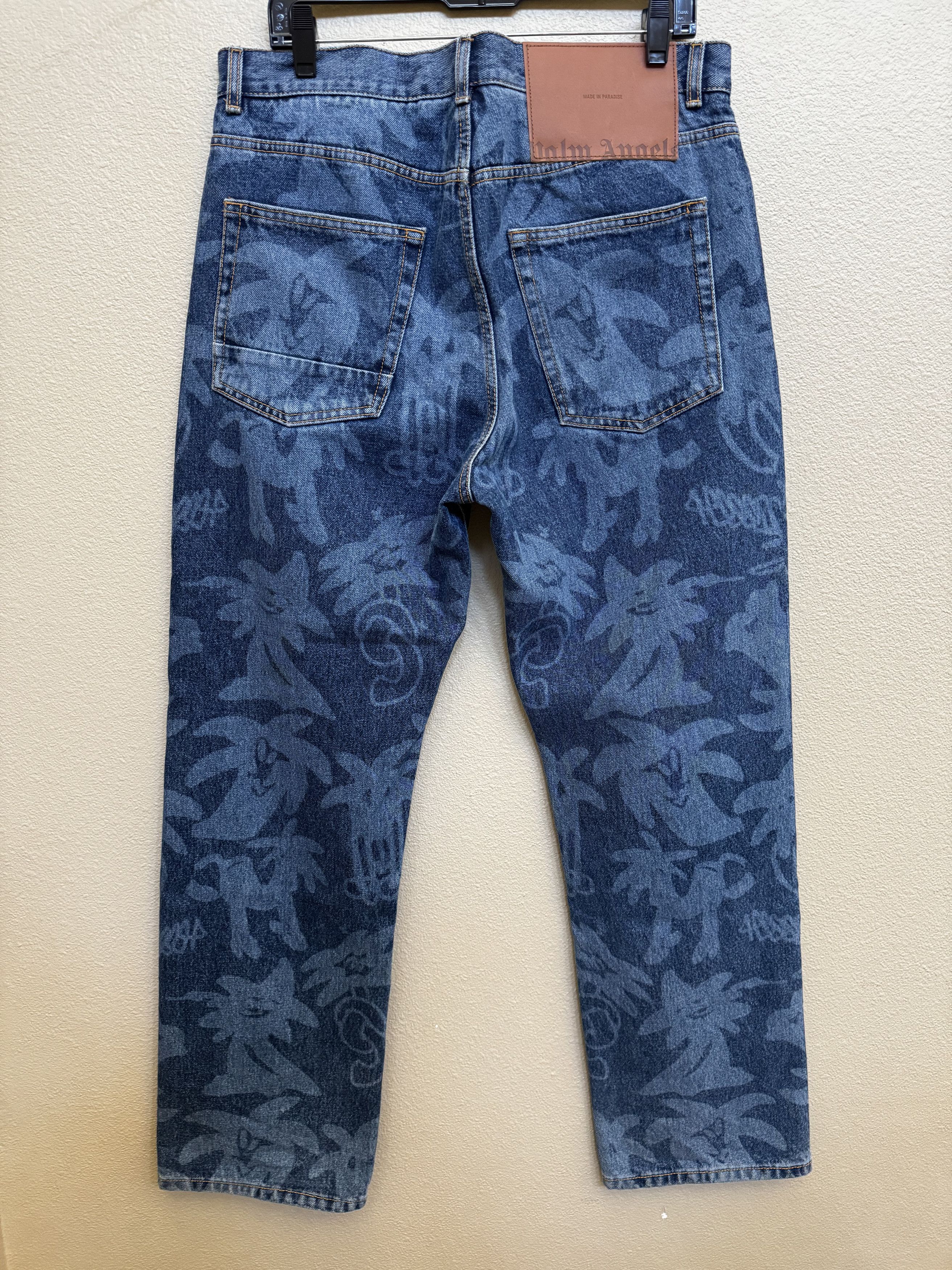 Palm Angels Palm Angels Palm Print Blue Denim Wide Leg Jeans Size 34 Size US 34 / EU 50 - 2 Thumbnail